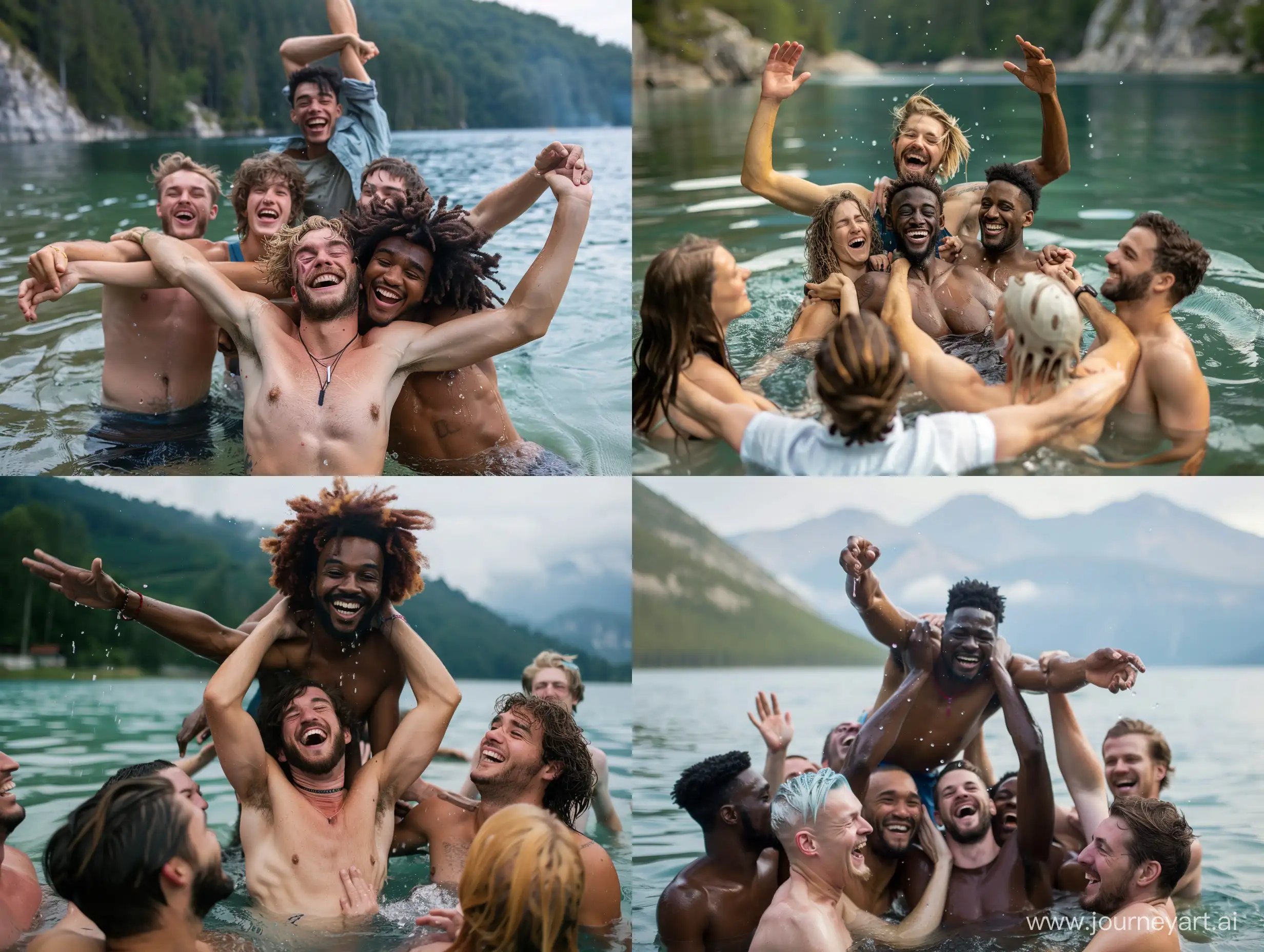Group of attractive, diverse and likable men and women in their 20s and 30s. In a lake, they are holding one of the guys up above their heads. Everyone is laughing and having the best time. Amazing vacation vibes