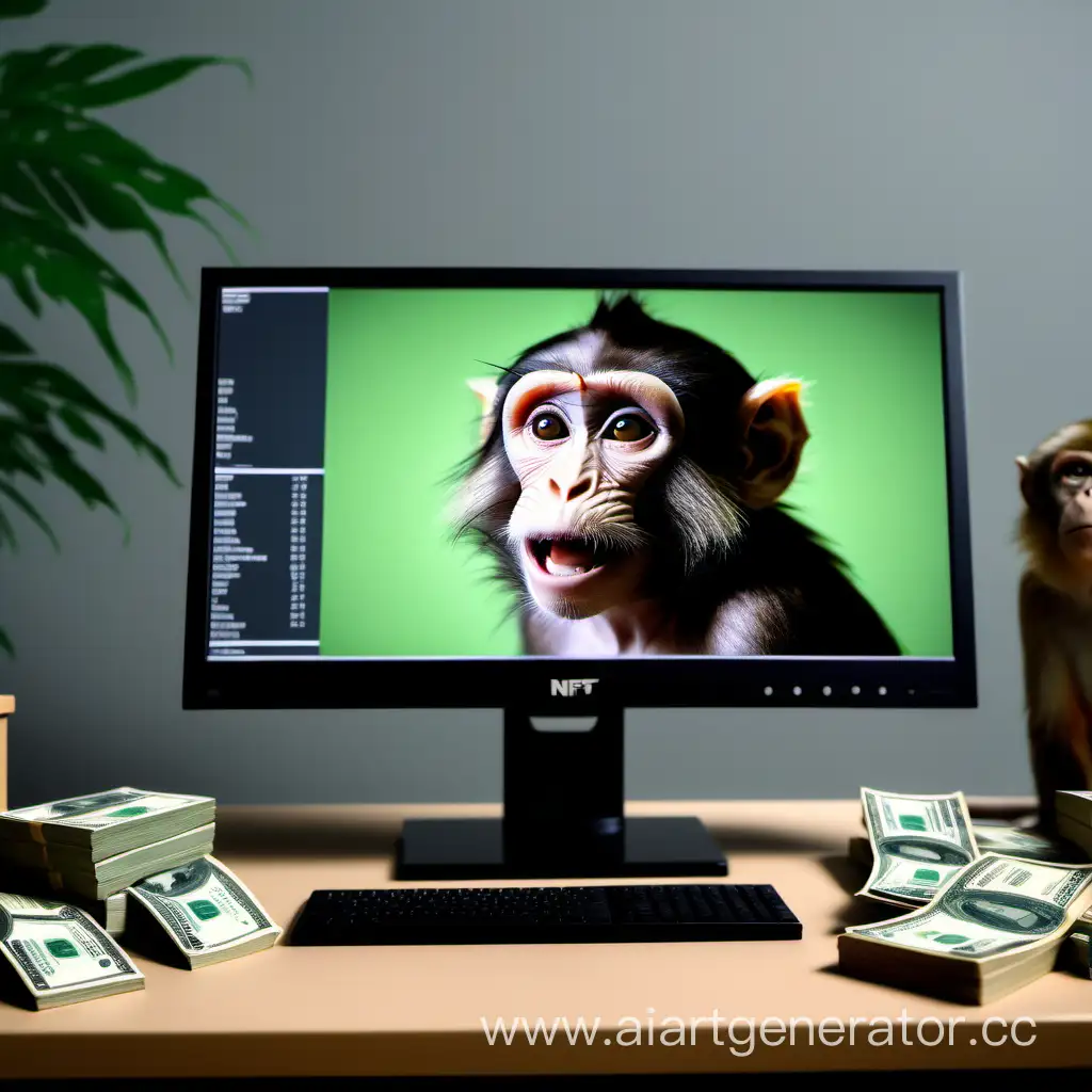 В реалистичной комнате стоит реалистичный монитор в котором открыто нфт с обезьянкой а на столе лежат реалистичные деньги все это должны быть реалистично 