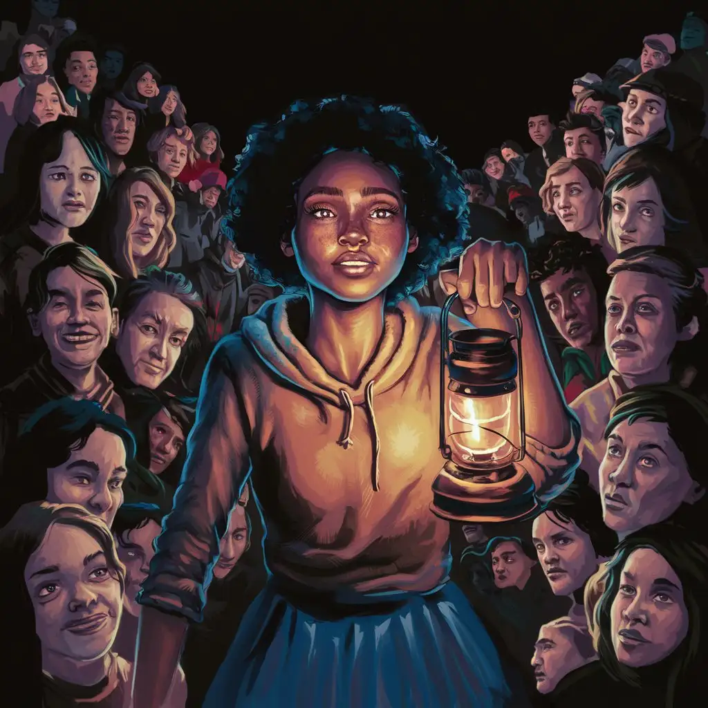 A captivating Digital painting of a young woman holding a lantern amidst a crowd of people in darkness, with the light illuminating the path forward and guiding others towards hope, inspiration, and positivity.