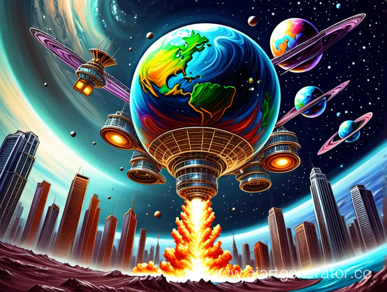 цветущий  земной шар, над землей летают космические зонды, на земле строятся высотные здания, в стиле цифровой живописи, яркие радостные тона