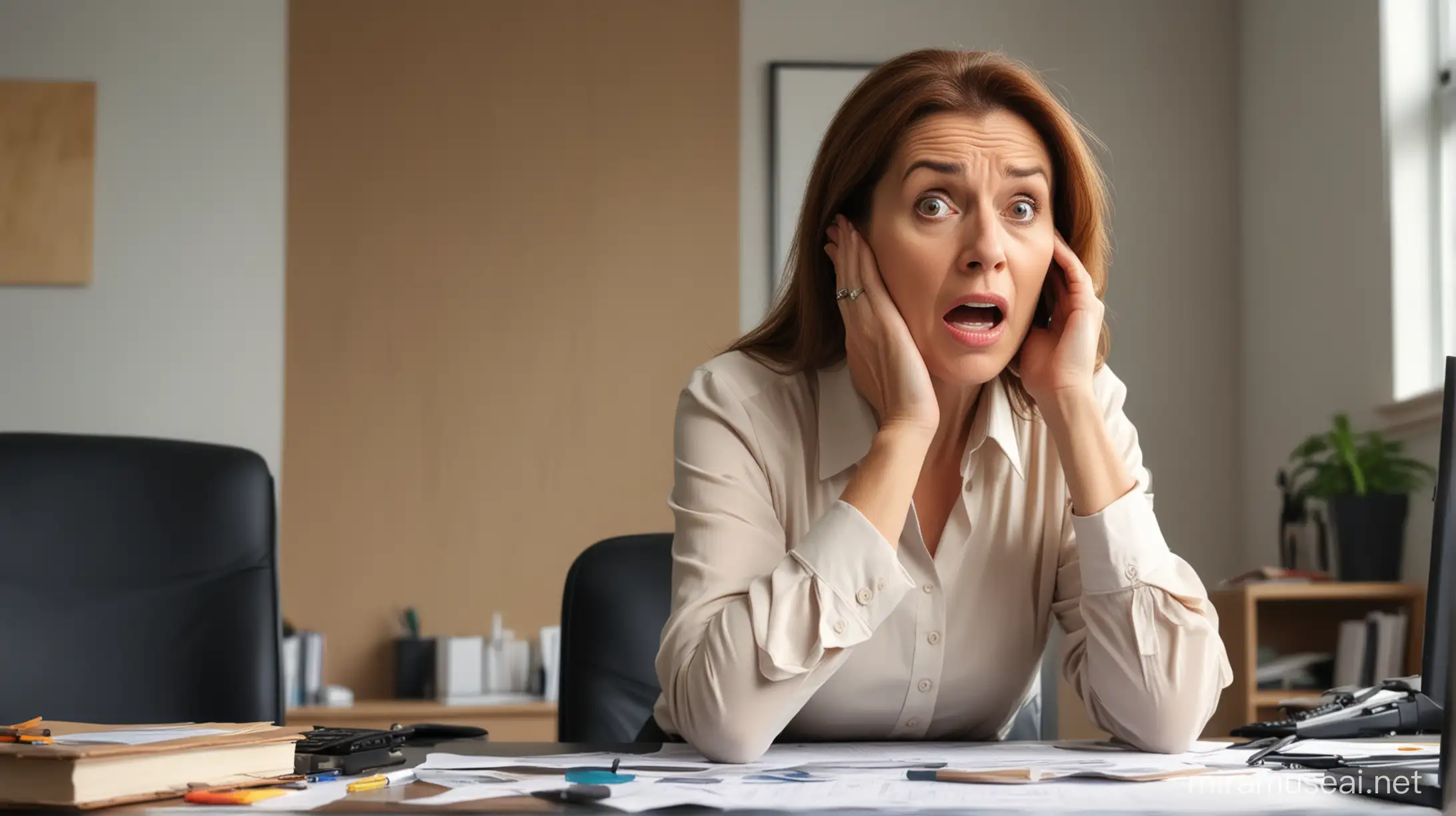40 year woman executive worried, shocked in office setup, looking straight, oil painting style