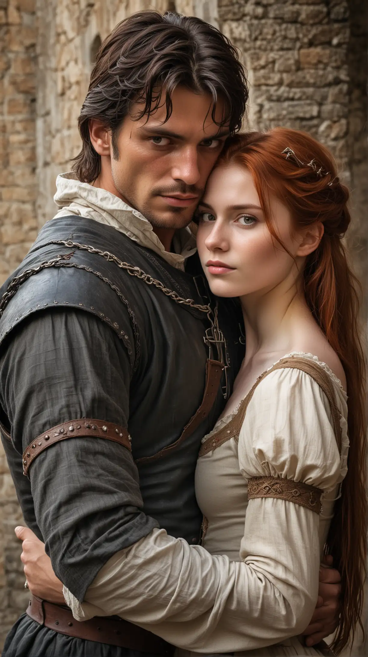 Tall dark haired man, handsome with a scarred face, hugging a shorter, red haired young girl, medieval setting