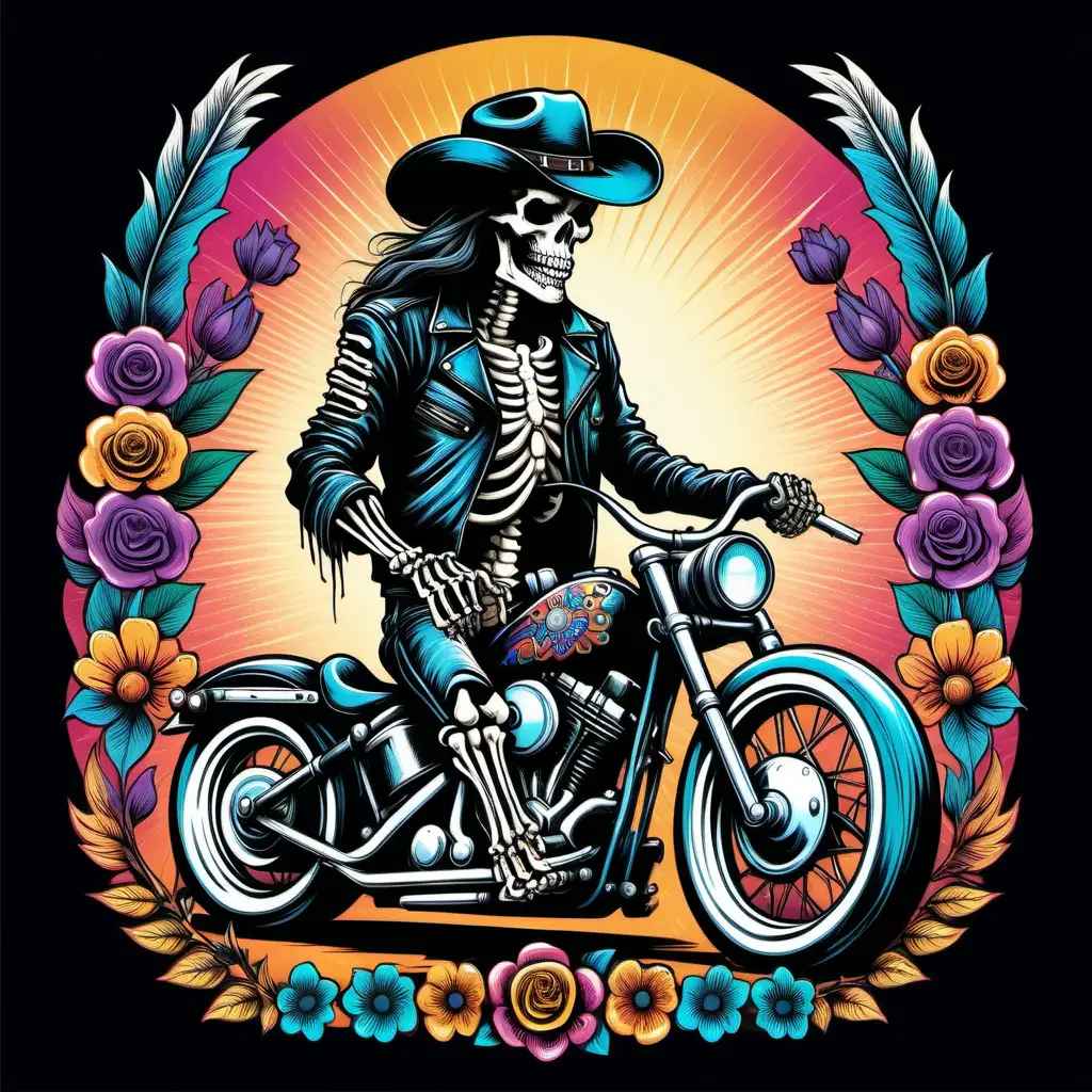 retro colors,biker style Skeleton on a vintage harley, with cowboy hat black learher and leather jacket and long hair
 add flowers and psychedelic patterns tshirt design vector, white background v
5.1 raw 
