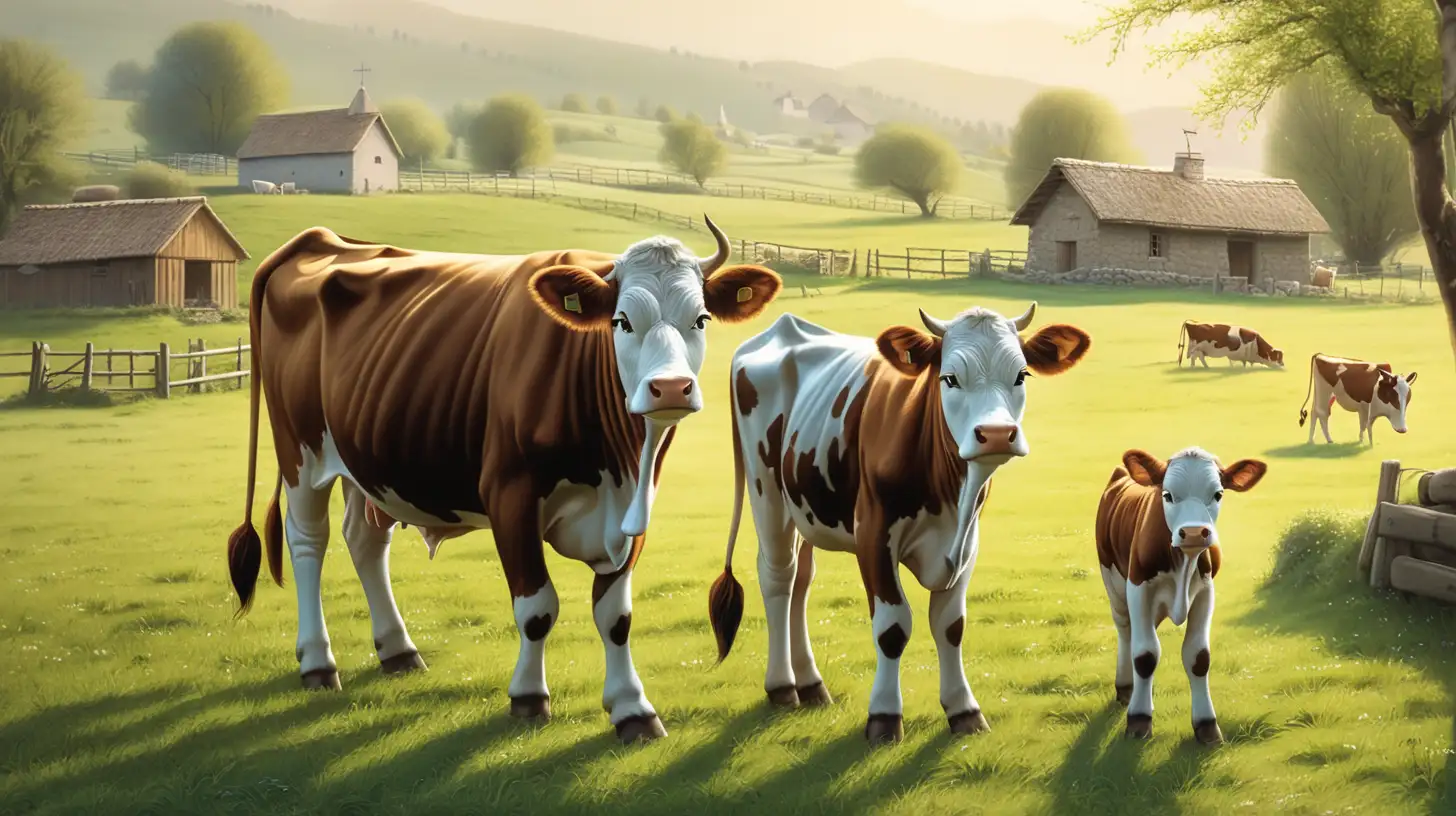 Biblical Era Cow and Calf Grazing in Morning Spring Countryside