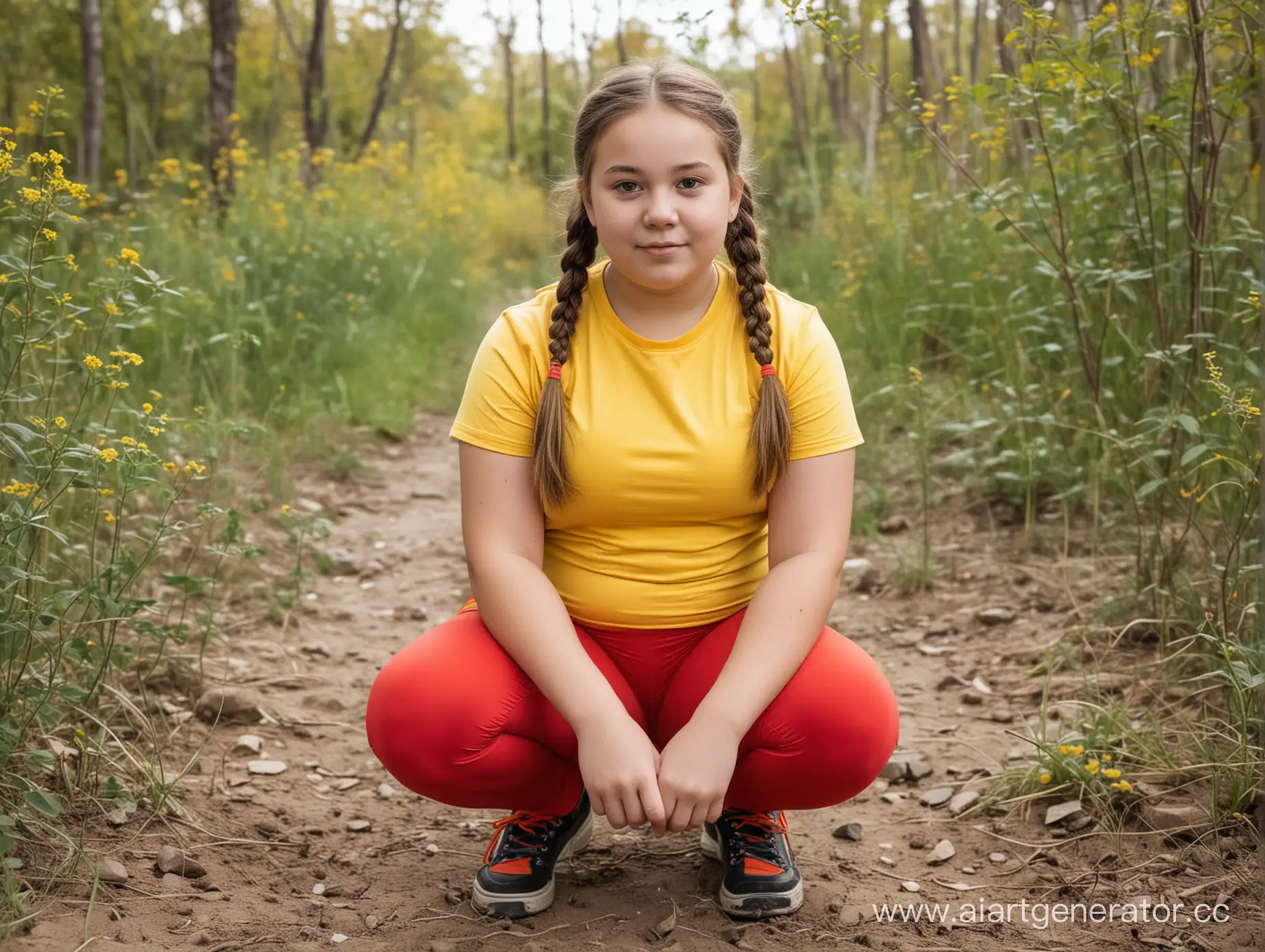 Слегка полноватая девочка 12 лет с двумя косичками, круглым лицом, одетая в жёлтую футболку и красные лосины, сидит на корточках на природе, Вид спереди