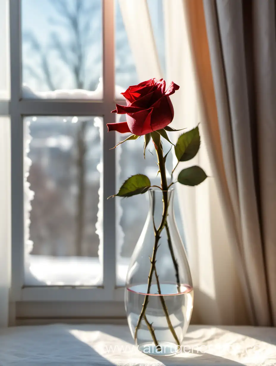 one rose in a vase on the background of a window or fabric, still life, sunny winter day, one flower