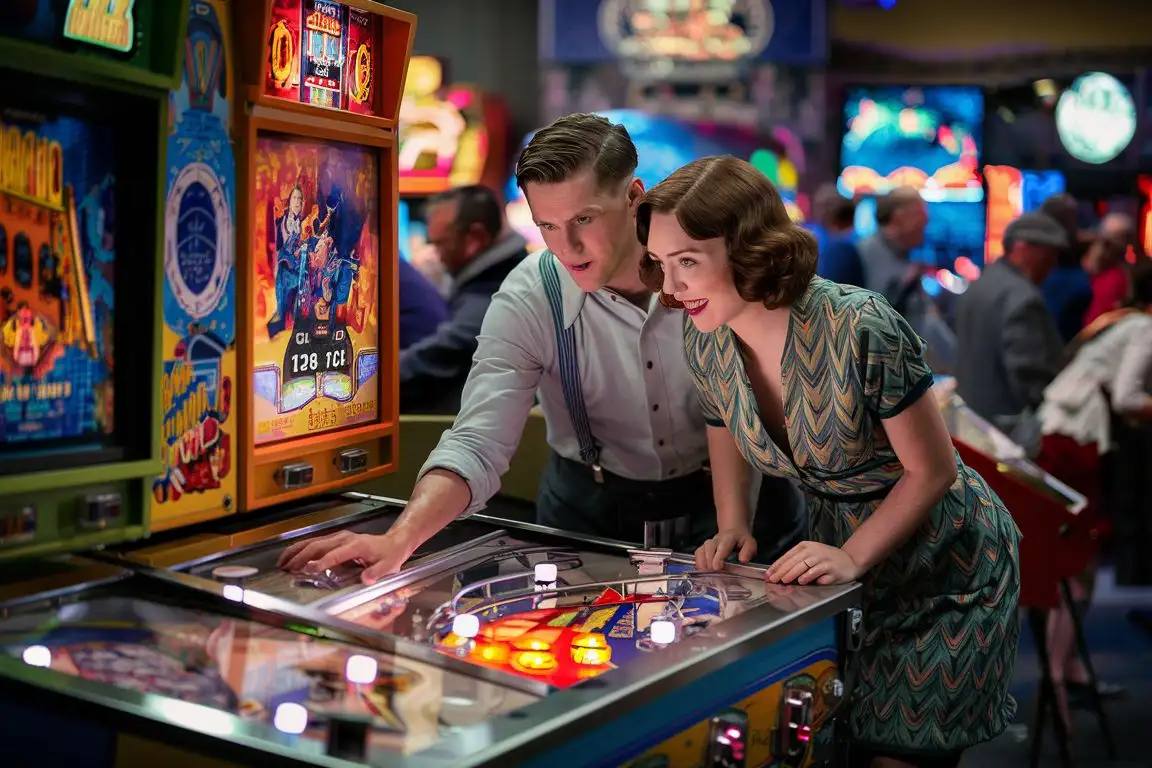 1930s-Arcade-Couple-Enjoying-Pinball-Amidst-Bustling-Environment