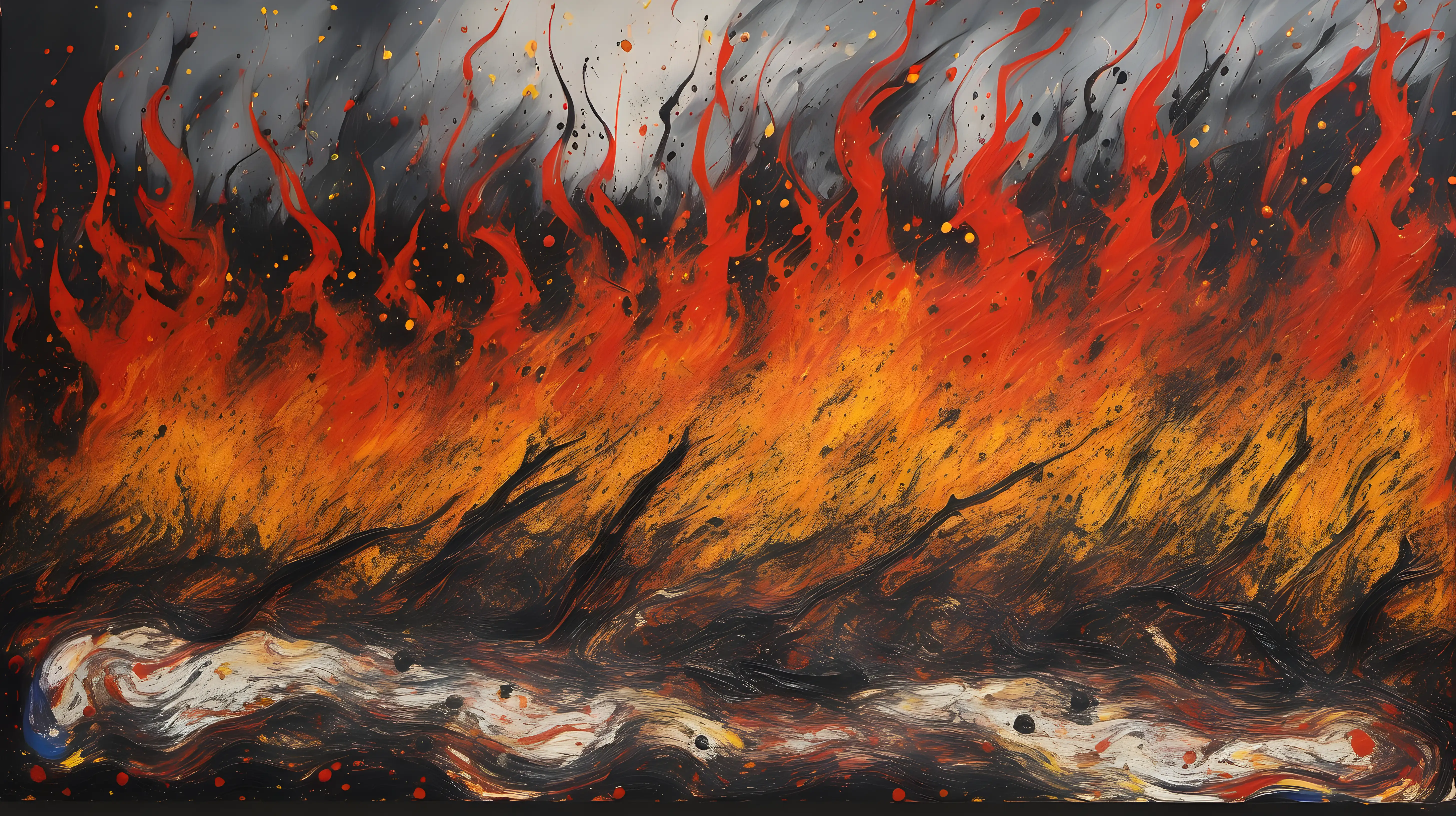 jackson pollock Style painting of a bush fire near a river