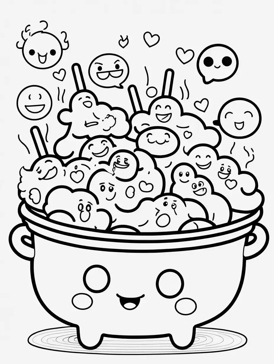 coloring book, cartoon drawing, clean black and white, single line, white background, cute pot roast, emojis