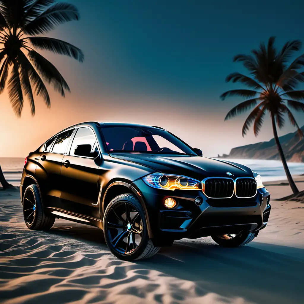 W ultra realistycznym 8K zdjęciu ukazuje się po tuningu czarny matowy BMW X6, kierowca, generującym dym spod tylnych opon. Nieczytelna, czarna rejestracja dodaje tajemniczego akcentu. Delikatne błękitne światło podkreśla sylwetkę samochodu, który prezentuje się imponująco na tle malowniczej plaży, morza i palm. Kolory są niezwykle ostre, a ostrość detali podkreśla luksusowy wygląd pojazdu i piękno otaczającego krajobrazu. To ujęcie łączy elegancję, dynamiczny styl jazdy i urok przyrody, tworząc wrażenie intensywnego ruchu i wyrafinowanego piękna. --c 2, --v 6
