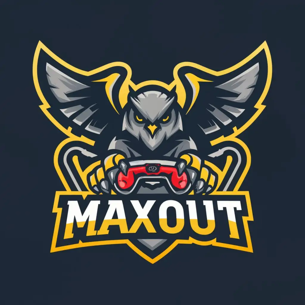 a logo design,with the text "MaxOut", main symbol:A strong eagle bench pressing an owl in gaming shielding the MaxOut logo name.,complex,be used in Entertainment industry,clear background