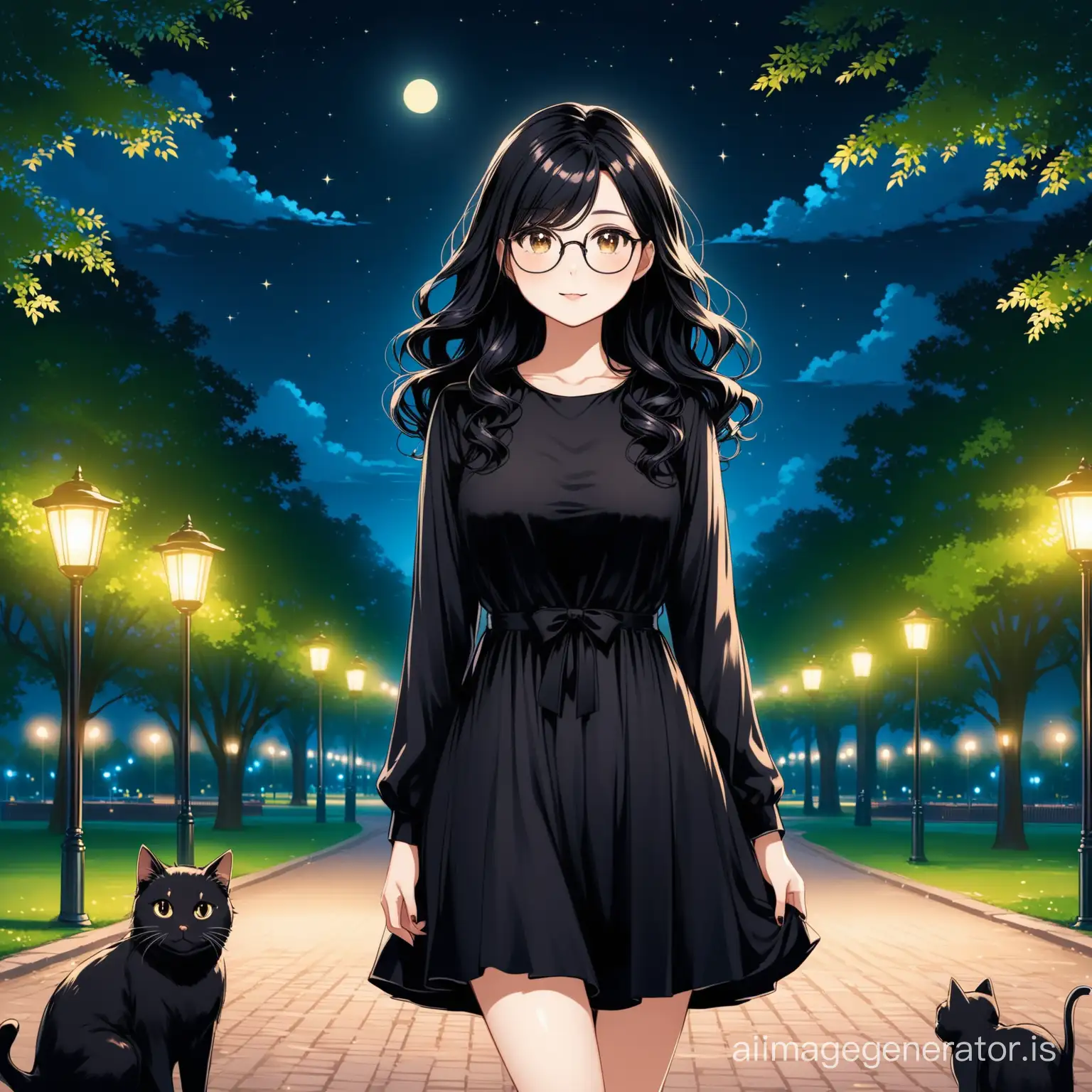 Girl with black hair and black dress and glasses with wave hair in night park and cat
