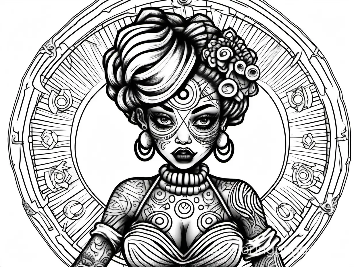 Sultry-PinUp-Voodoo-Doll-Coloring-Page-with-Intriguing-Tattoos-and-Third-Eye