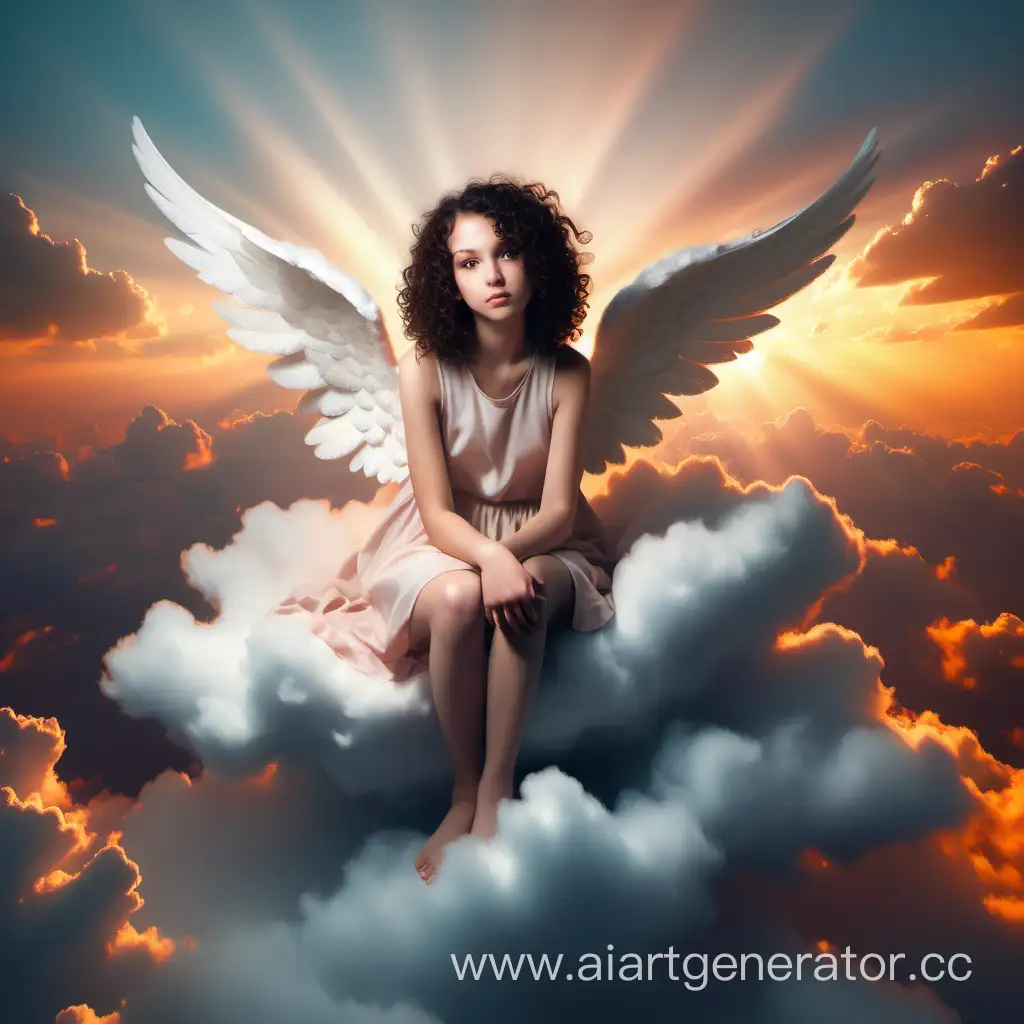 Создай изображение где кудрявая девушка с темными волосами с ангельскими крыльями сидит на облаке, мягкий закатный свет, нежные тона
