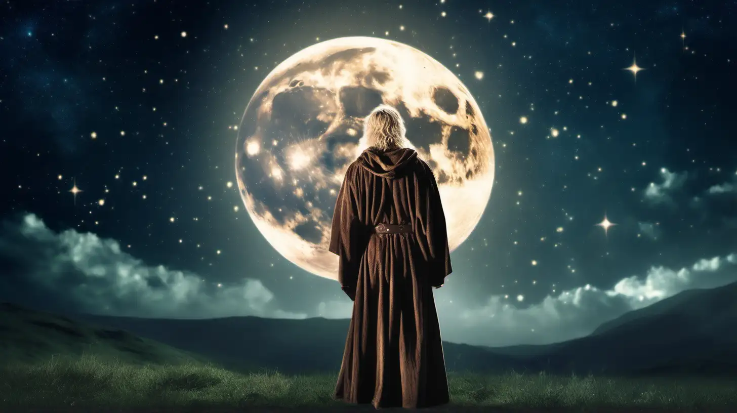 Cinematic still of a Bronze Age handsome blonde Druid in a Celtic robe studying a vast night sky filled with stars and a full moon 