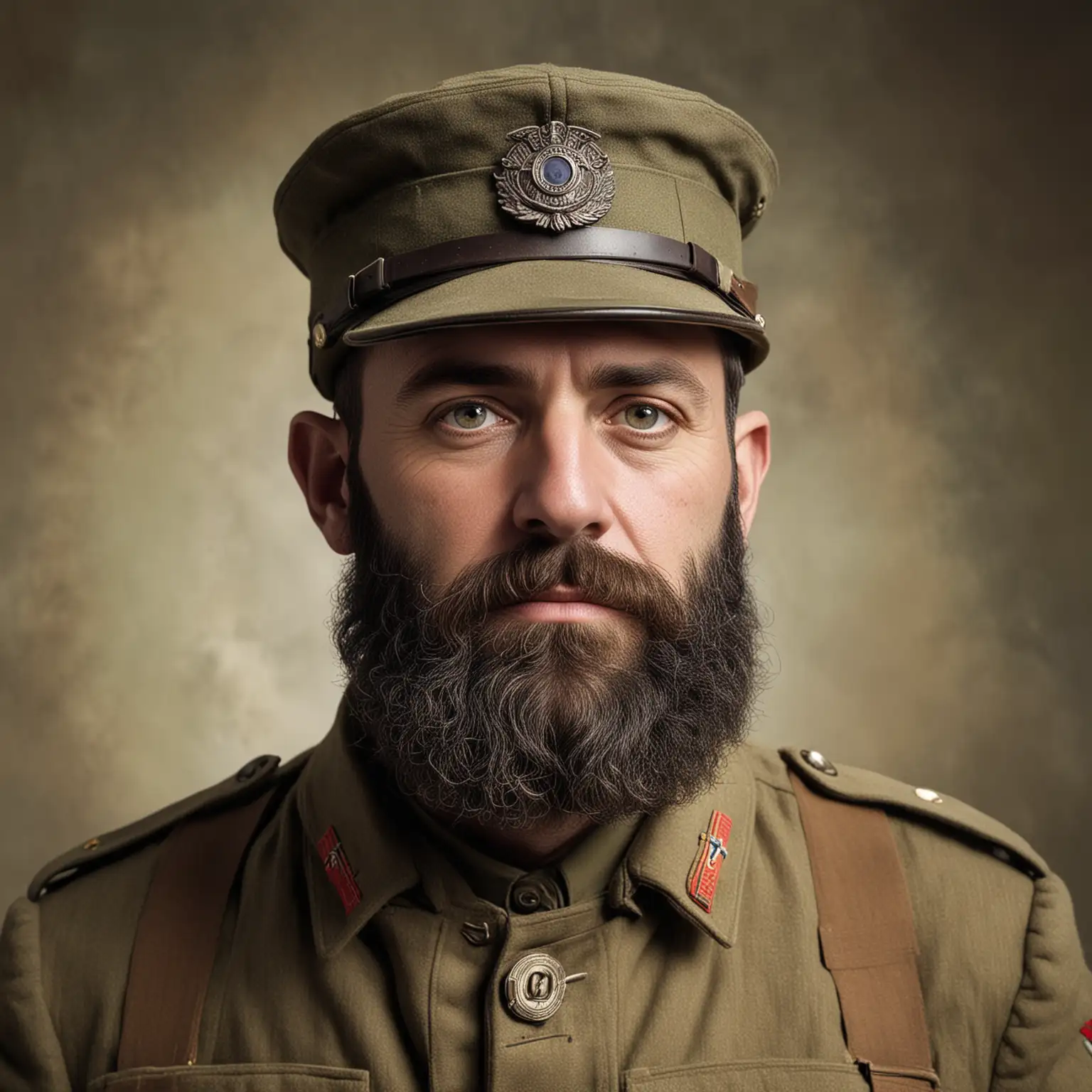 Weathered World War One Veteran with Dark Beard and Singular Gaze