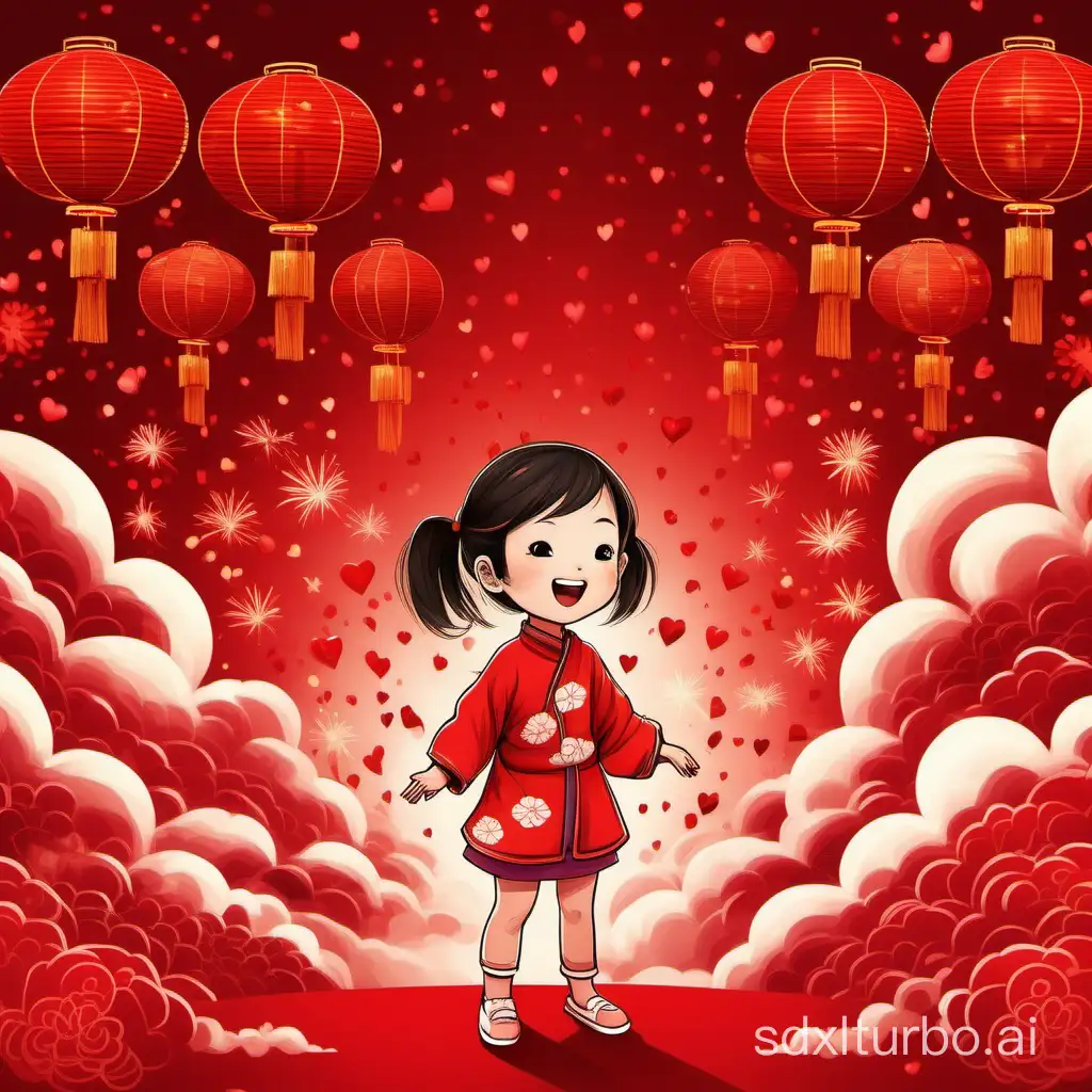 A cute little girl standing on a red background. Surrounded by auspicious cloud patterns, red lanterns hang high, and fireworks and firecrackers bloom. The entire scene is very festive and full of  elements. The atmosphere of welcoming the New Year is strong, making people feel peaceful and joyful. falling hearts in back ground