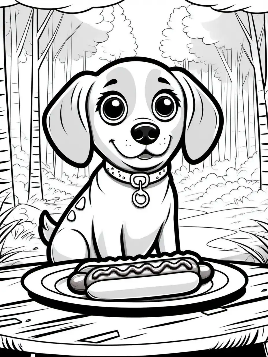 cute dog in forest, big cute eyes, with an american style hot dog on a plate, pixar style, simple outline and shapes, coloring page black and white comic book flat vector, white background –ar 3:4 –v 4