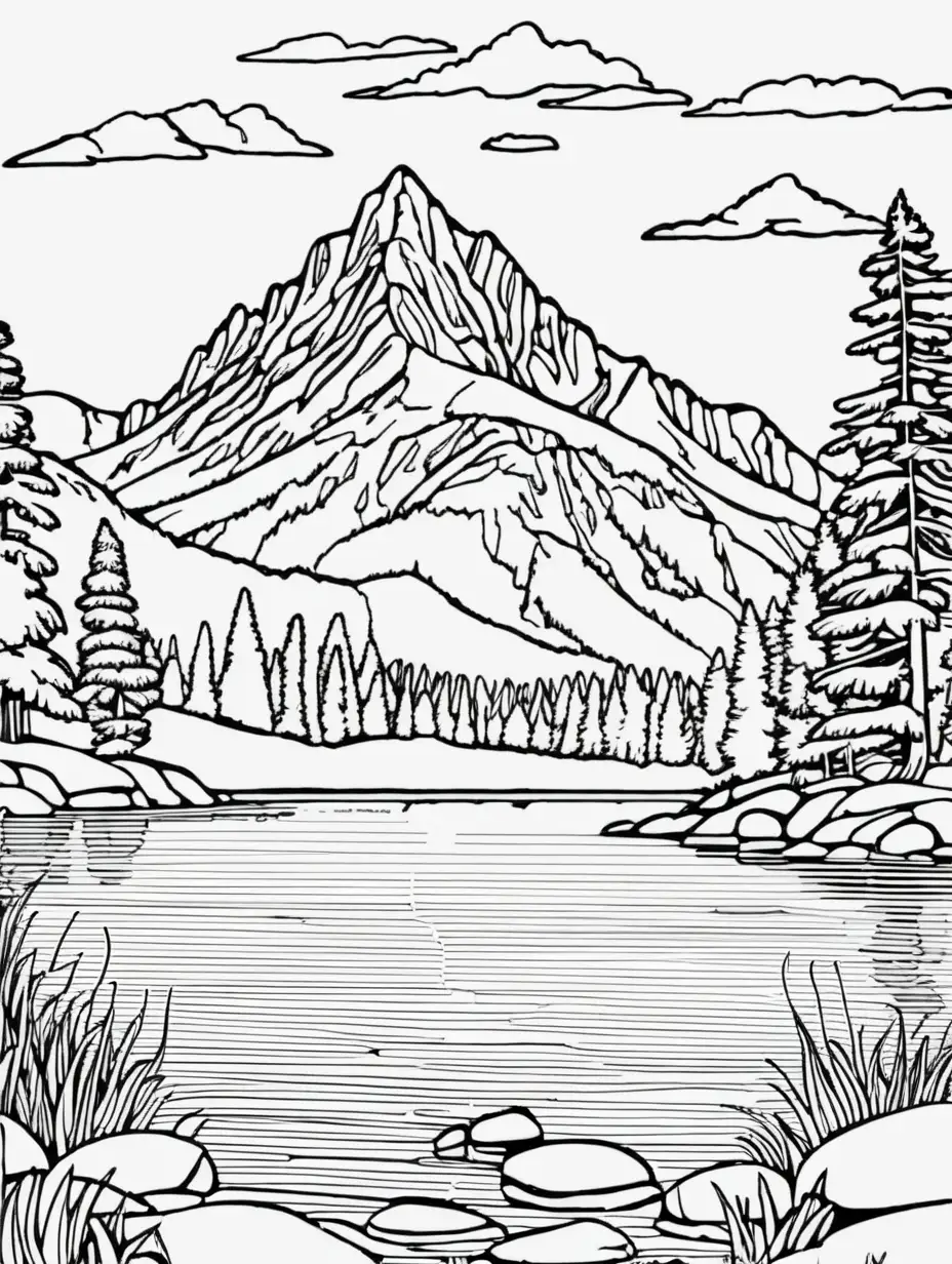 mountain lake, coloring page, no color, thick lines, 