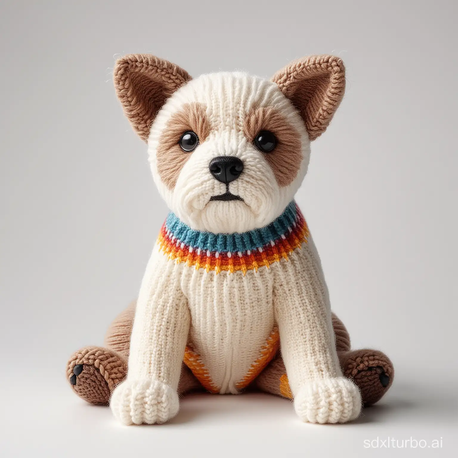 cute realistic knitted Dog, on a white background, in the style of product photography, knit art, colorful design