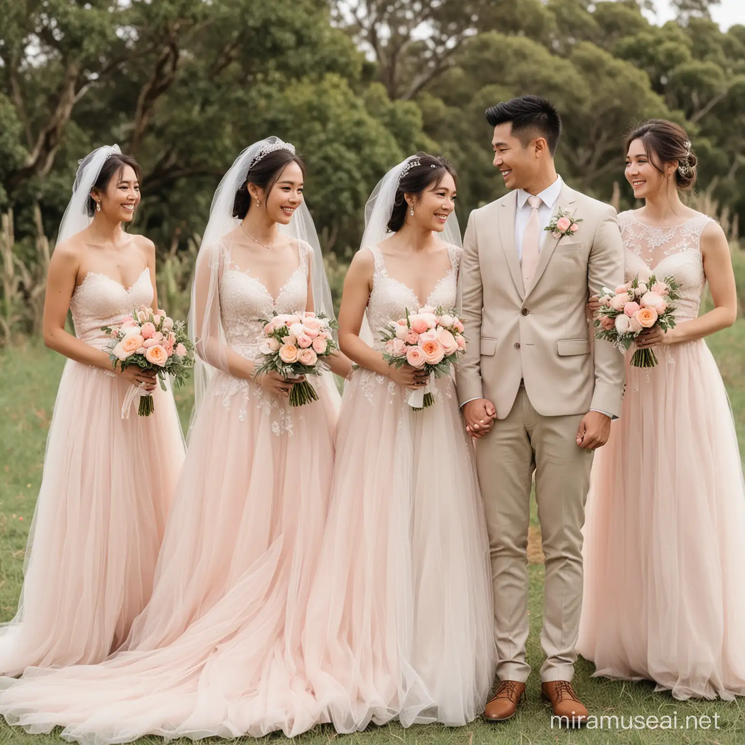 An Australian rustic farmhouse wedding, the theme is pastel watermelon pink and beige. The couple are Asian,  groom wears beige casual groom attire, the bride wears blush pink tulle wedding dress.