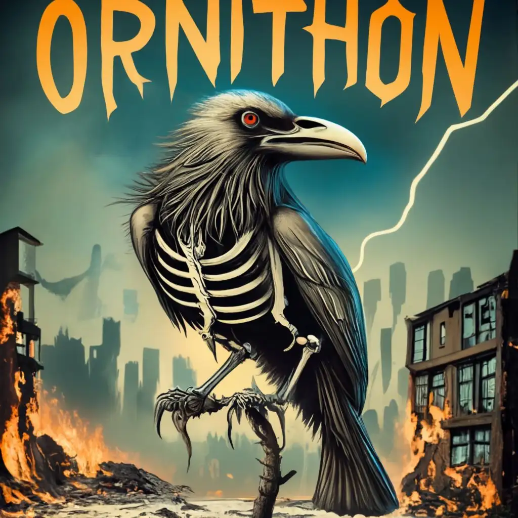 steampunk raven godt playing in a rockband, logo, dead raven skeleton, on dead tree, war, thunder, chaos, graffiti, war, fire, thunder, smoke, stoner, band, notes in the background, forest fire, burned buildings, thunder, burned city, steampunk, with the text "Ornithon", typography