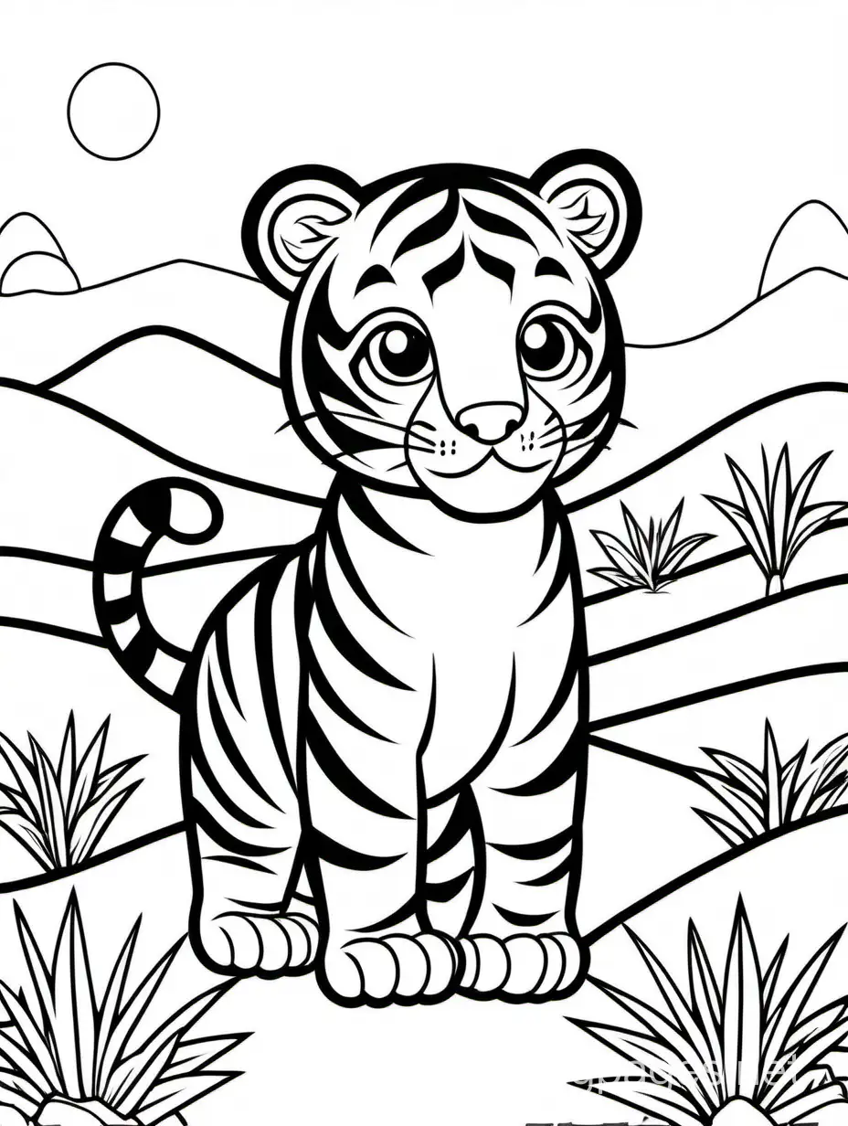line art, outlined illustration, white background, vectorize, cute tiger in desert for kids to color, Coloring Page, black and white, line art, white background, Simplicity, Ample White Space. The background of the coloring page is plain white to make it easy for young children to color within the lines. The outlines of all the subjects are easy to distinguish, making it simple for kids to color without too much difficulty