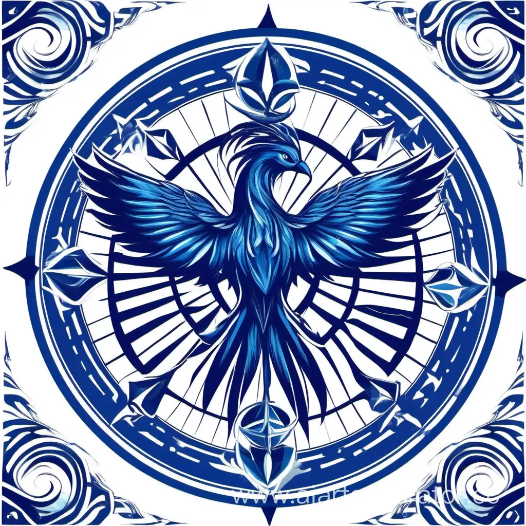 Modern-Phoenix-Rising-Over-Wind-Rose-in-Blue-and-White