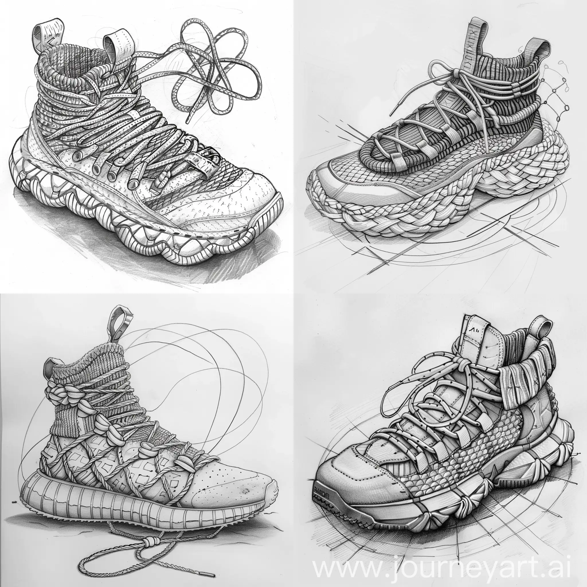 Sneakers design , inspiration by knitted fabrics , some knitted cables on it , rubber midsole , cable knitted on midsole , chunky , trendy , color black , knitted laces , circle of 5 laces on the top of sneakers , Make it able to sketch it