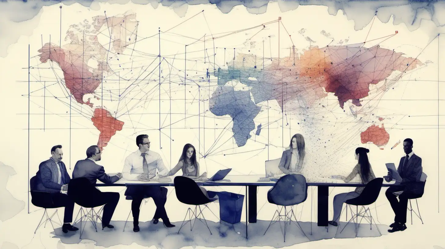 Collaborative Data Discussion Watercolor Illustration of People at a Table