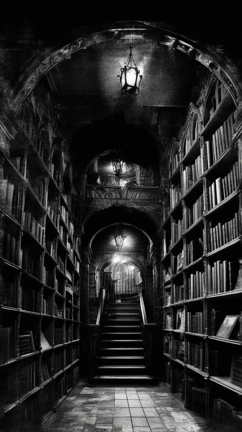 Gothic basement bookstore with dark shadows 