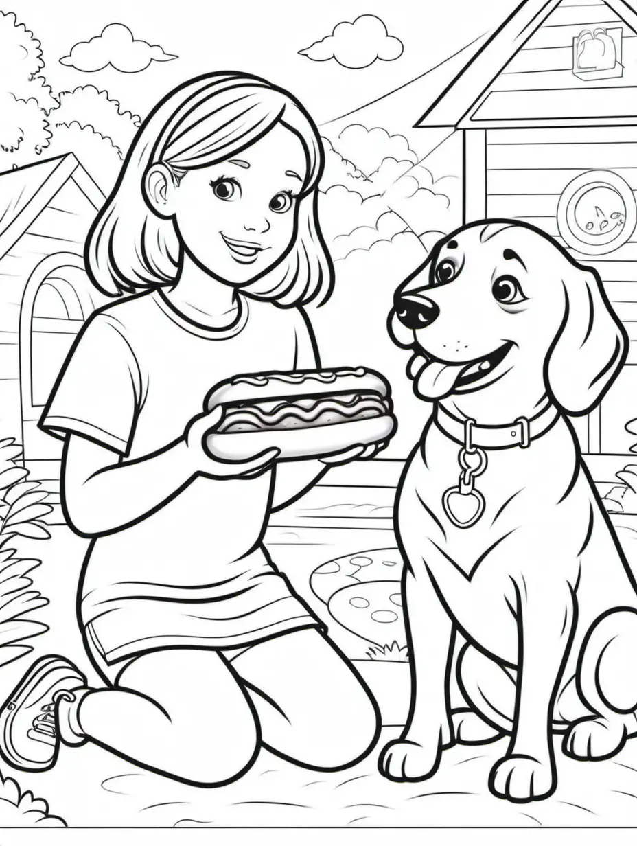 Adorable Girl with Hot Dog Fun Coloring Page for Kids