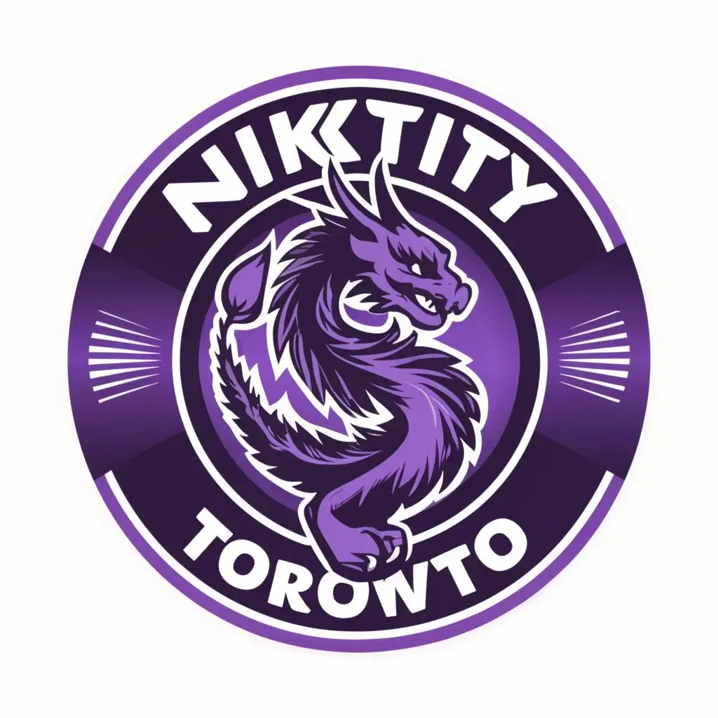 logo, The logo is a circular shape with the inscription "NIKITIY" in the center and the inscription "Toronto" below. The background of the logo is made in purple tones. A purple dragon is depicted around the round logo, symbolizing the strength, power and uniqueness of the brand. The overall style of the logo is designed in dark purple shades, which gives it mystery and elegance.
, with the text "*NIKITIY*", typography