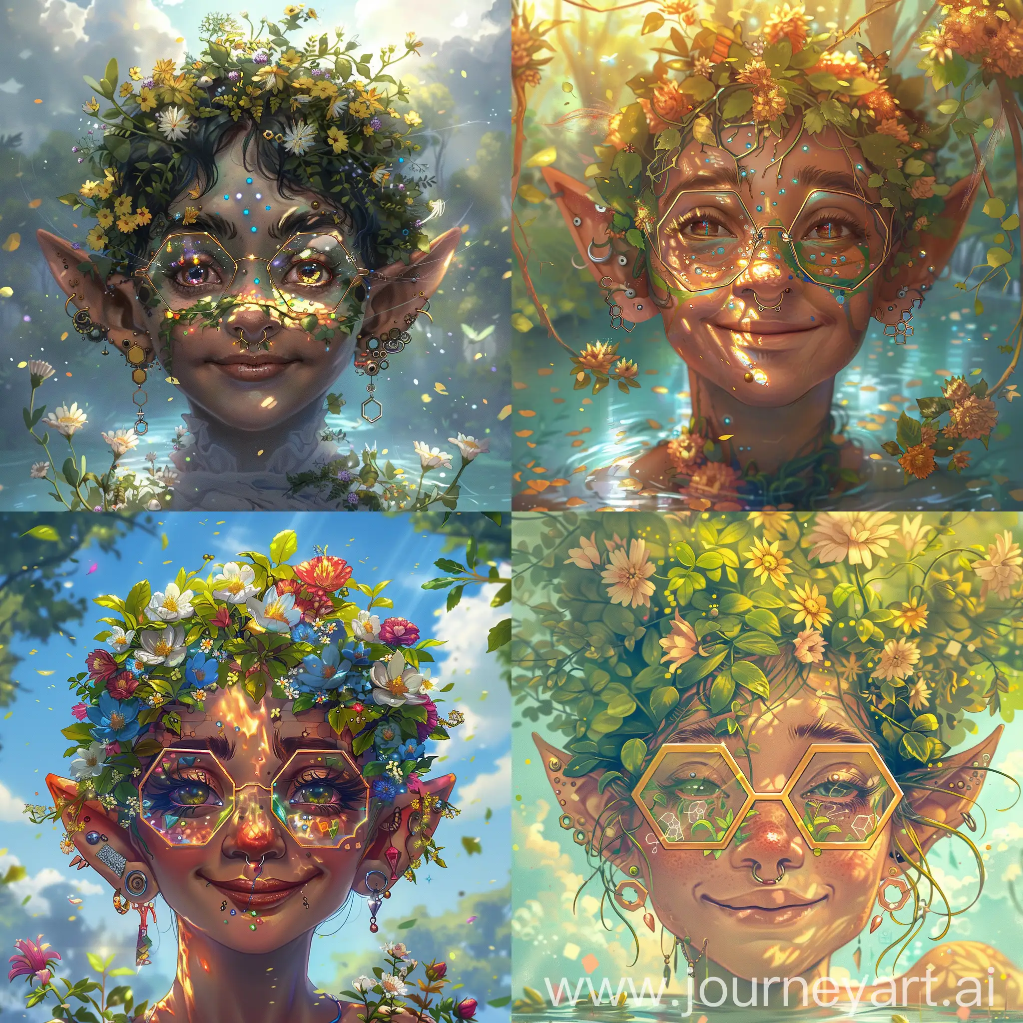 Please design a mystical humanoid forest creature based on the following description: In my highest form my eyes have a pixie like (almost mischievous) sparkle in them, and a smile that is shown in every inch of my face. I’ve got small ears covered in piercings. I wear hexagonal glasses and my face is hidden behind a full fringe. Oval face with small eyes, big eyebrows and a pointy nose. I love a warm cup of tea, and cosy blankets. But at the same time I love a sparkling river pool and sunshine filtering through the trees. Anything bright and colourful, especially bright flowers. I also fucking love clouds