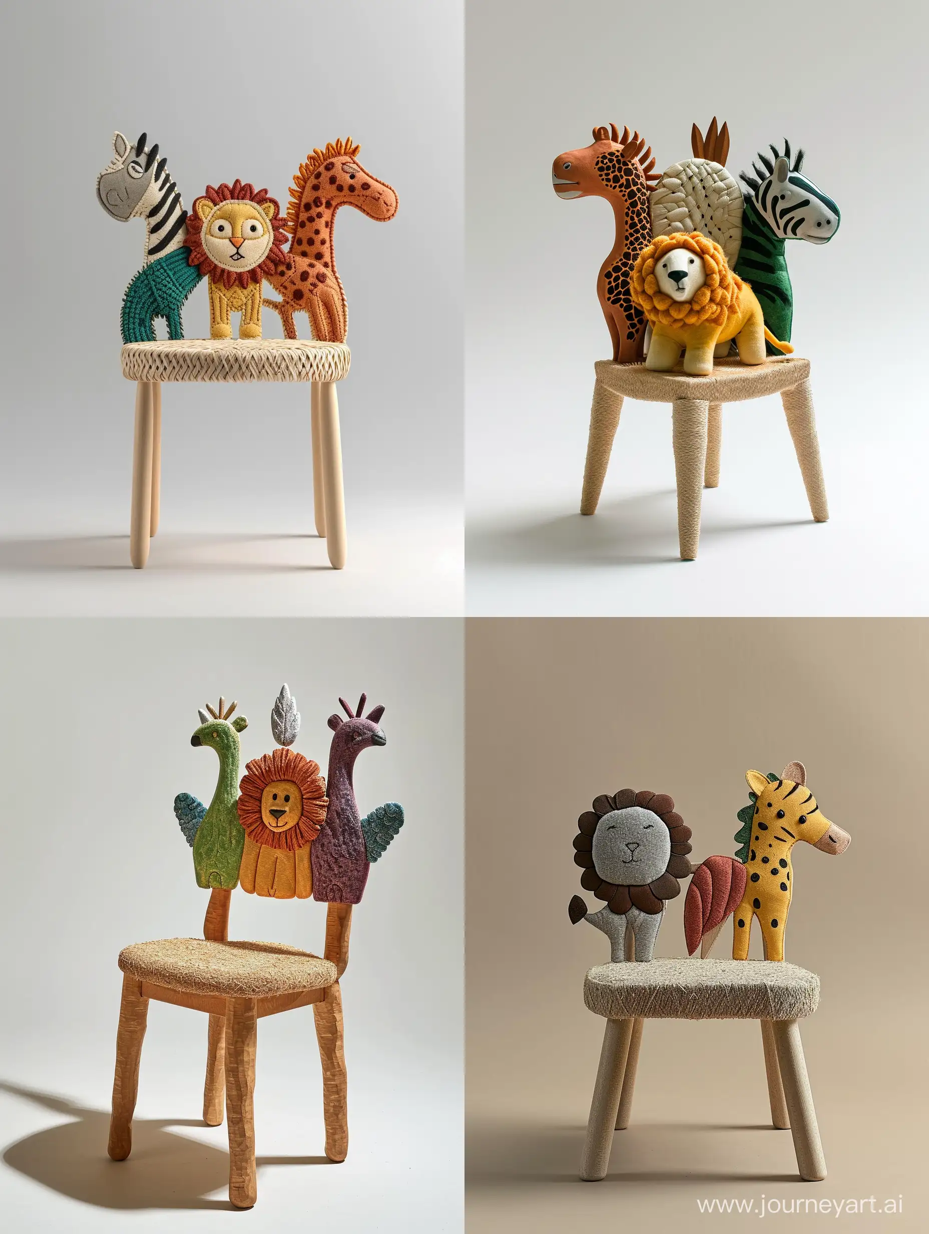 imagine an image of a minimal sturdy children’s chair inspired by Children's drawing of cute safari animals like cute lion or zebra or griffin or cheetah or hippocampus  , with backrests shaped like different creatures. Use recycled wood for the frame and woven plant fibers for seating areas, depicted in colors representative of the chosen animals. The seat should stand approximately 30cm tall, built to educate about wildlife and ensure durability.unreal ,realistic style