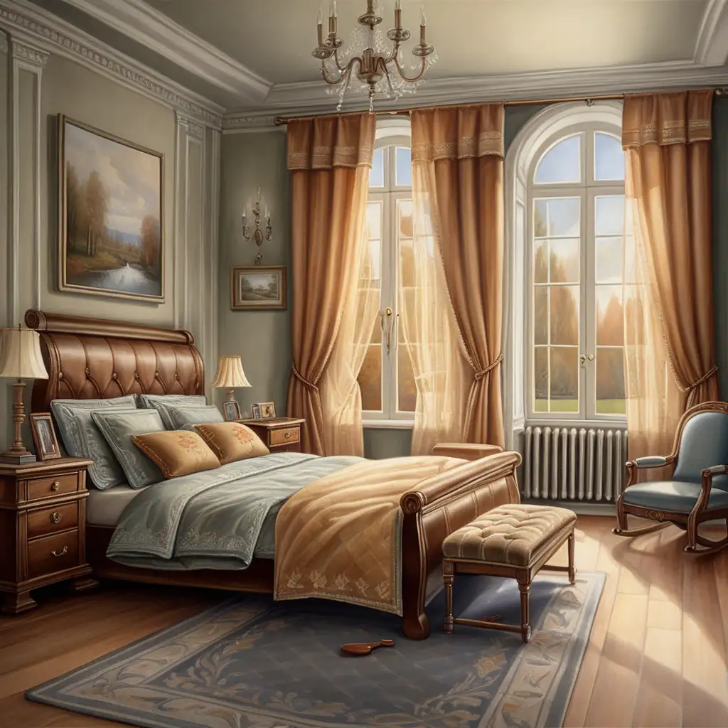 Draw a bedroom in the style of Dmitry Oleyn, focusing on the windows and curtains in the room, in addition to the bed and rocking chair.

