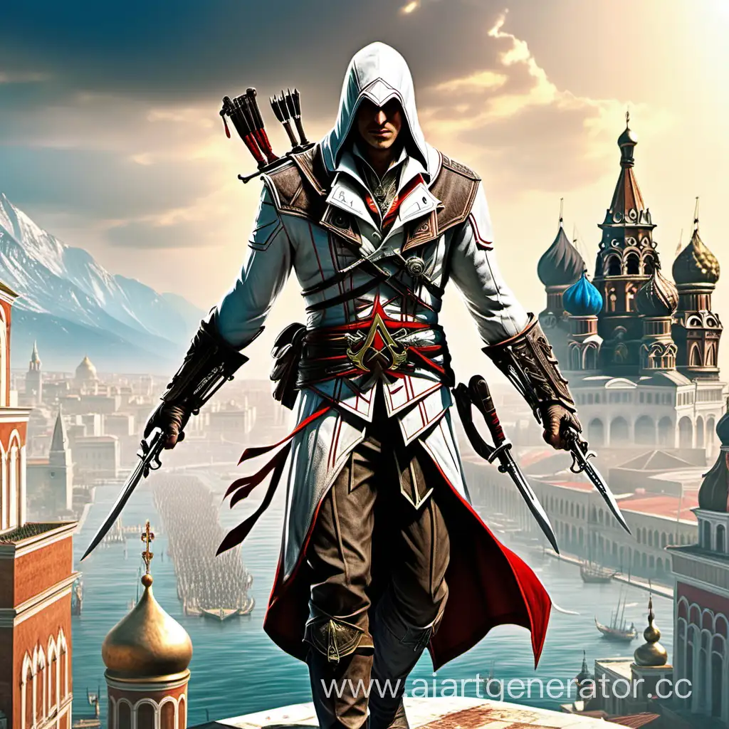 Русский Ассасин на фоне Питера из  вселенной игры Assassin's Creed

