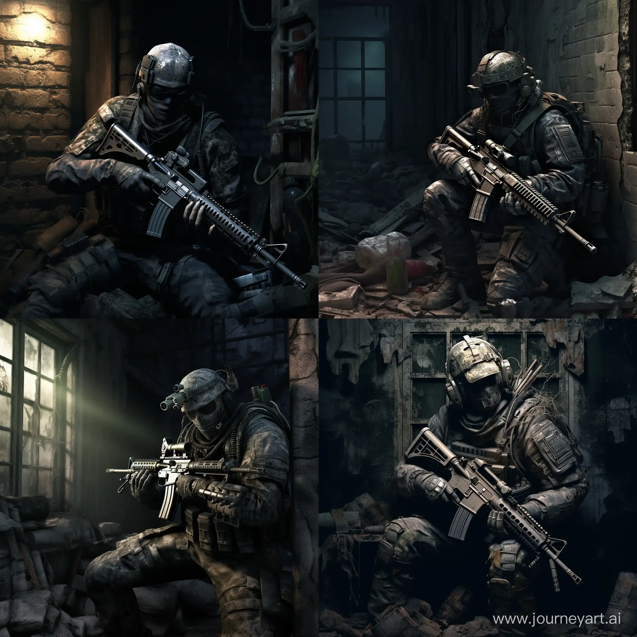  The ghost character in the game MW3 is sitting behind an old wall with Mesh written on it, and holding an automatic light machine gun in his hand.