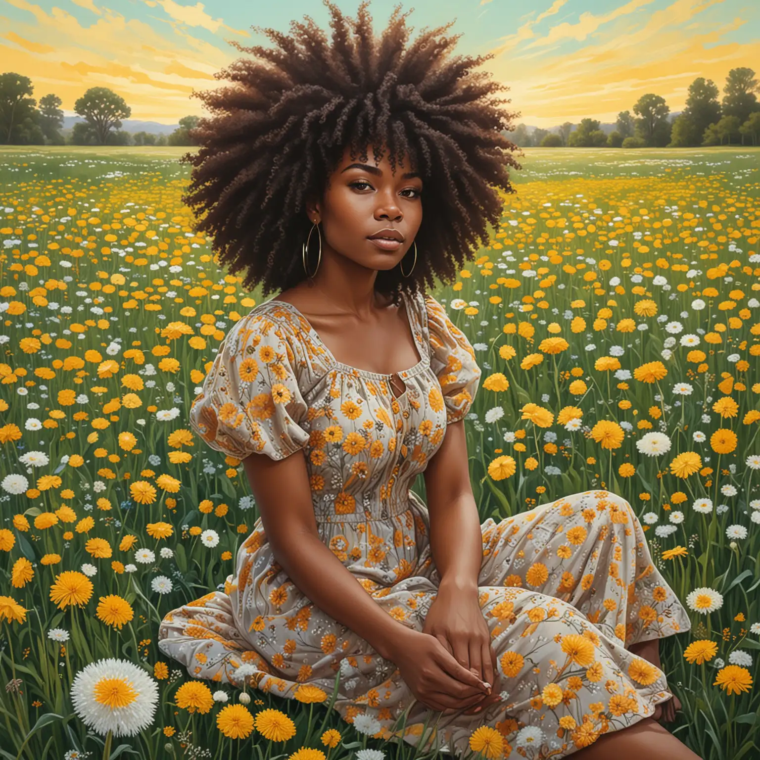 Goddess of Nature Woman with Flower Afro in Dandelion Field
