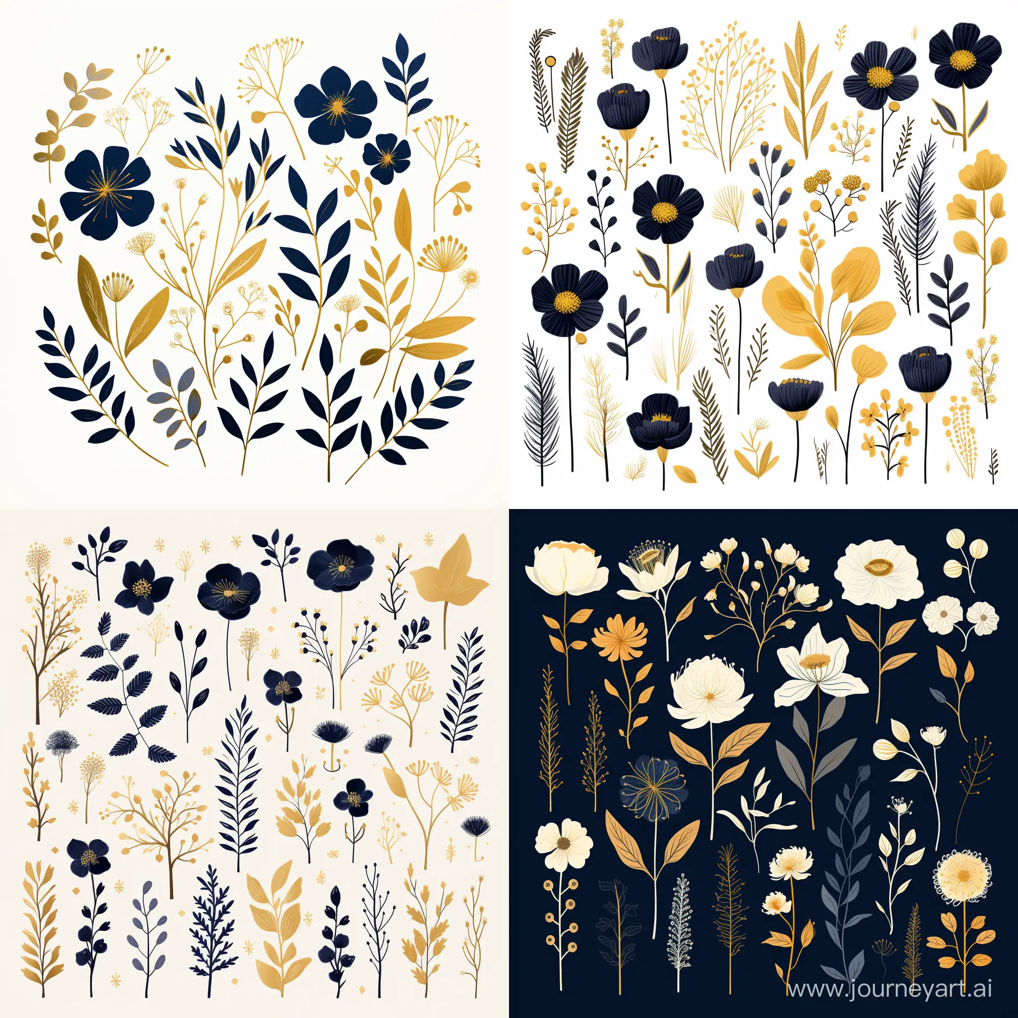 Minimalistic navy and gold Botanical Wildflower clipart