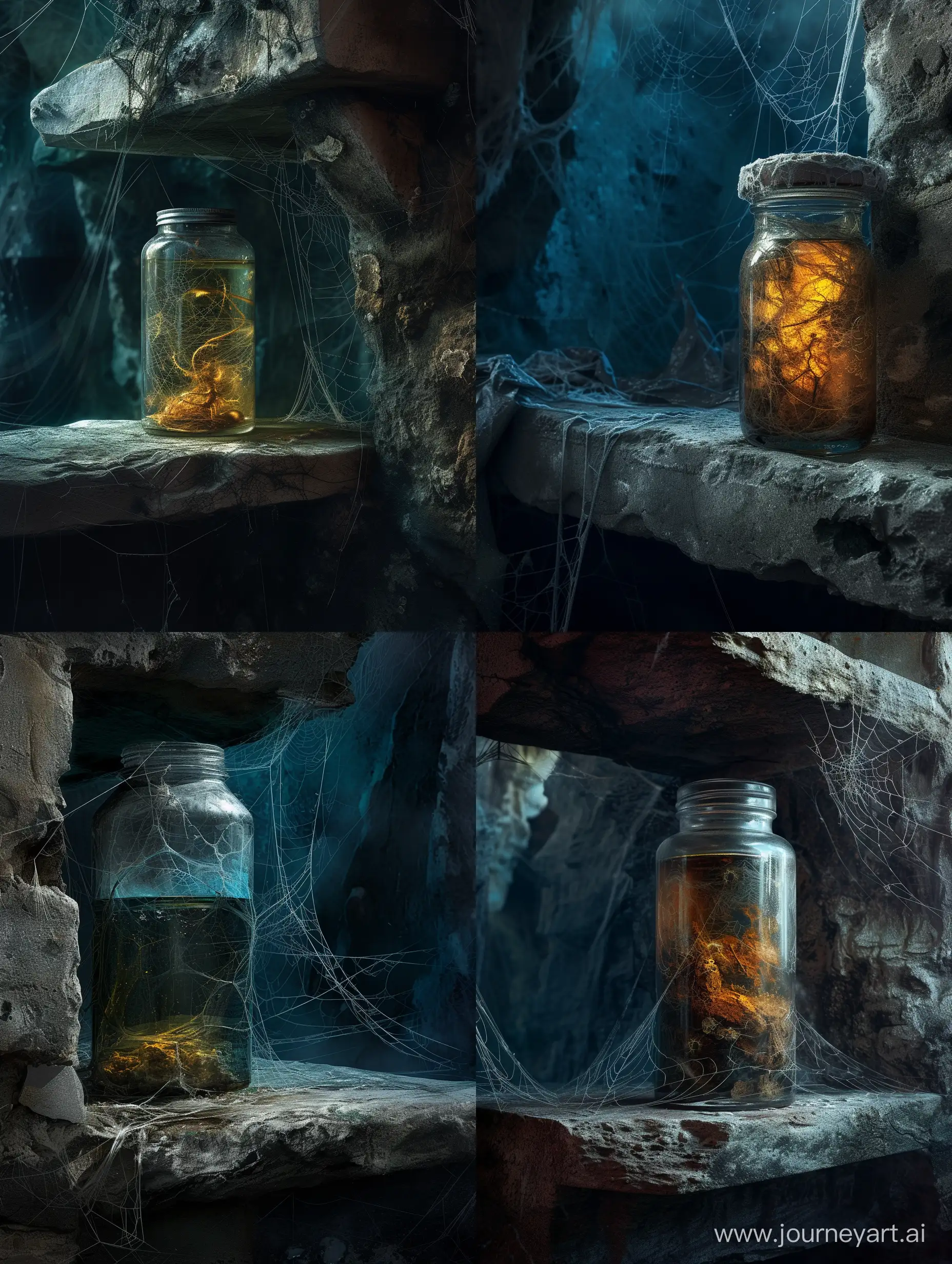 A dark World in alcohol inside a jar,on ancient stone shelf,cobwebs everywhere,incredible detail,terrifying,Digital Art.