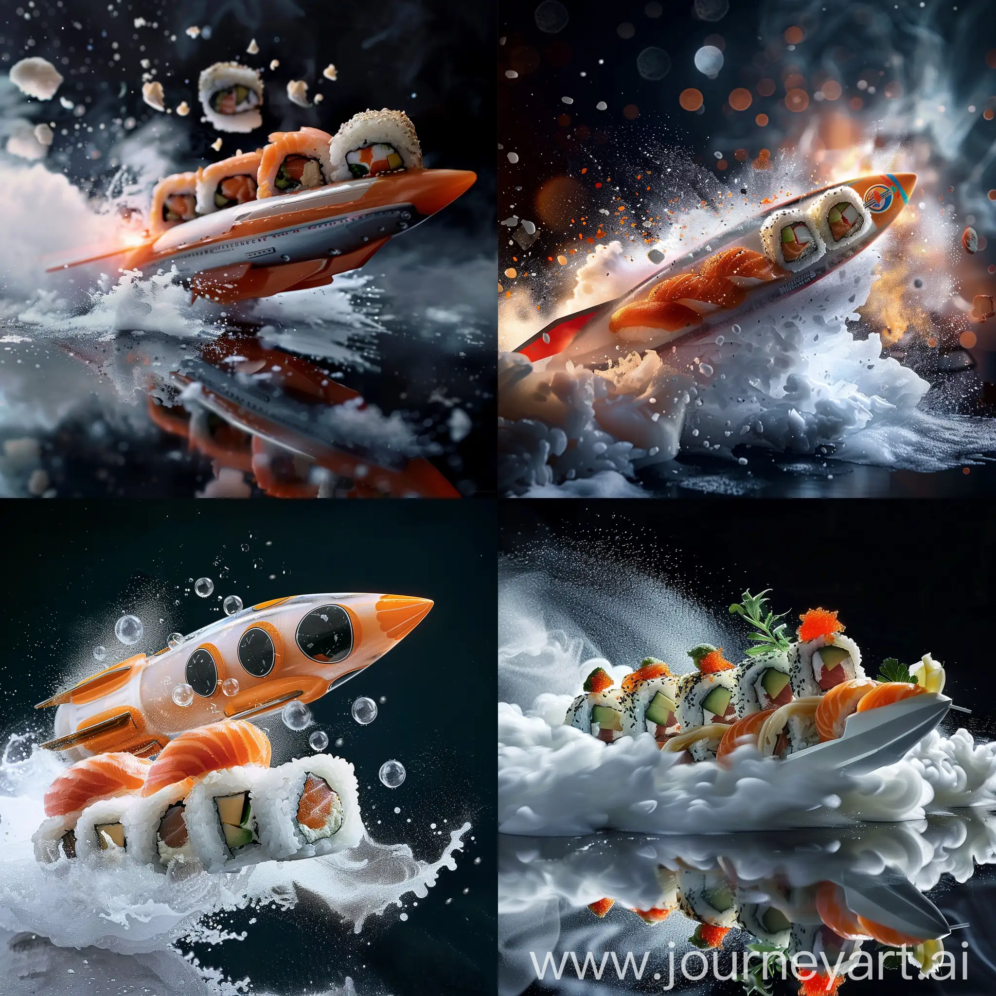 Depict sushi transformed into a spaceship rushing towards the customer at high speed.