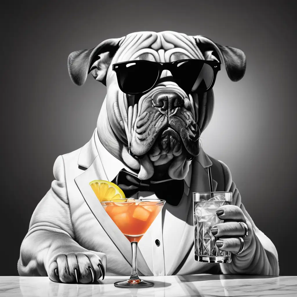 Black and white bull mastif dog with sunglasses drinking a cocktail