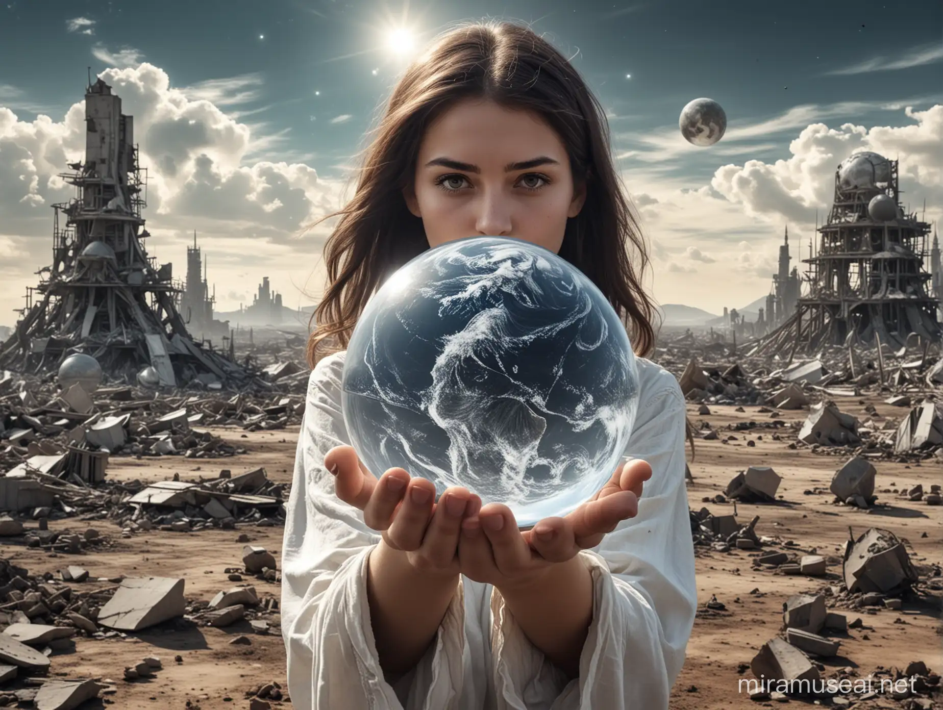 Draw a clairvoyant girl full size as foreground, in her hands she is holding the earth, instead of a crystal ball. Half of the earth is destroyed by atomic bombs,
Background is a surrealistic space landscape on a foreign planet