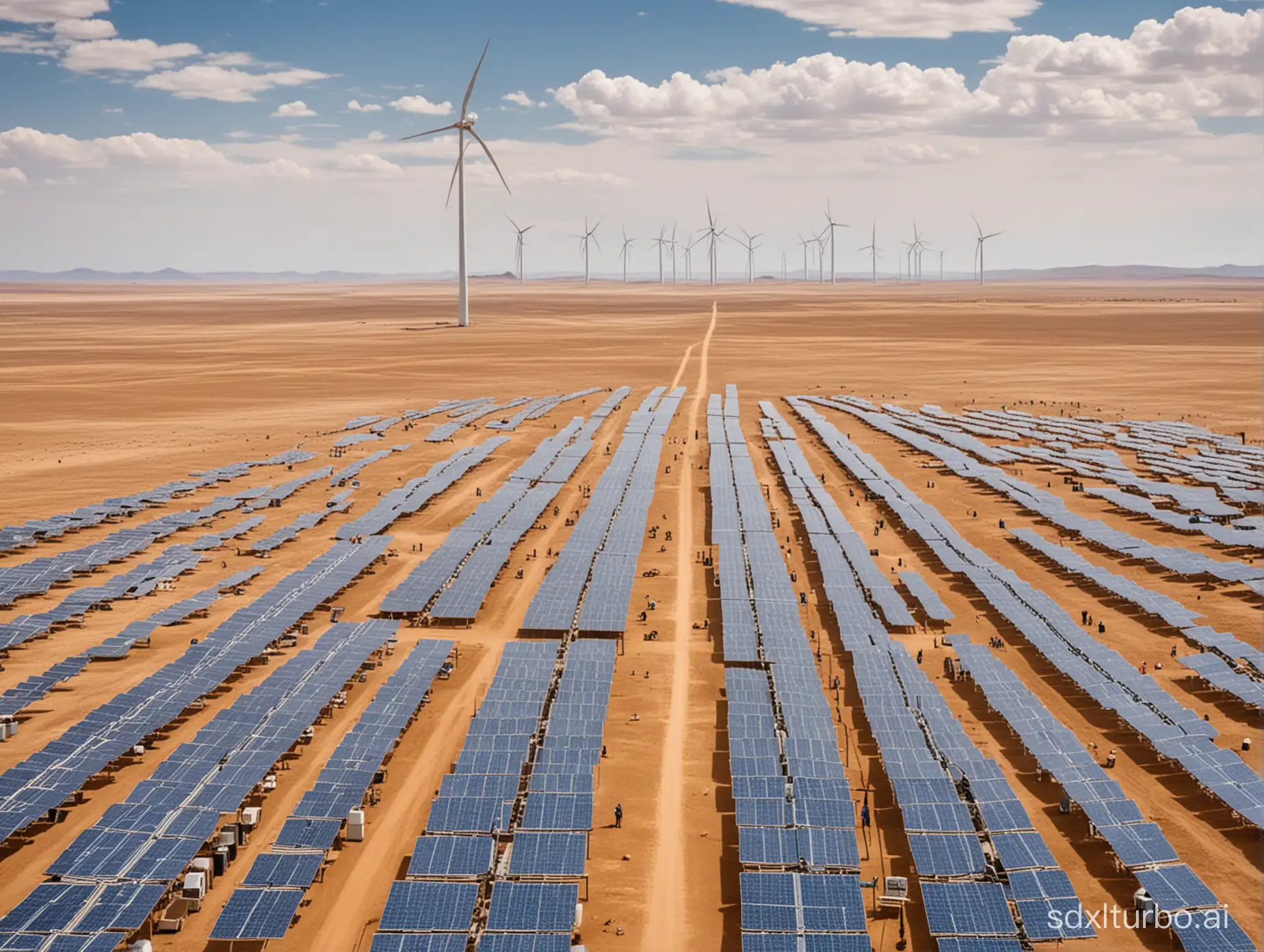 Renewable energy at Mongolia at Gobi many huge solar panels,  big wind turbine with sand