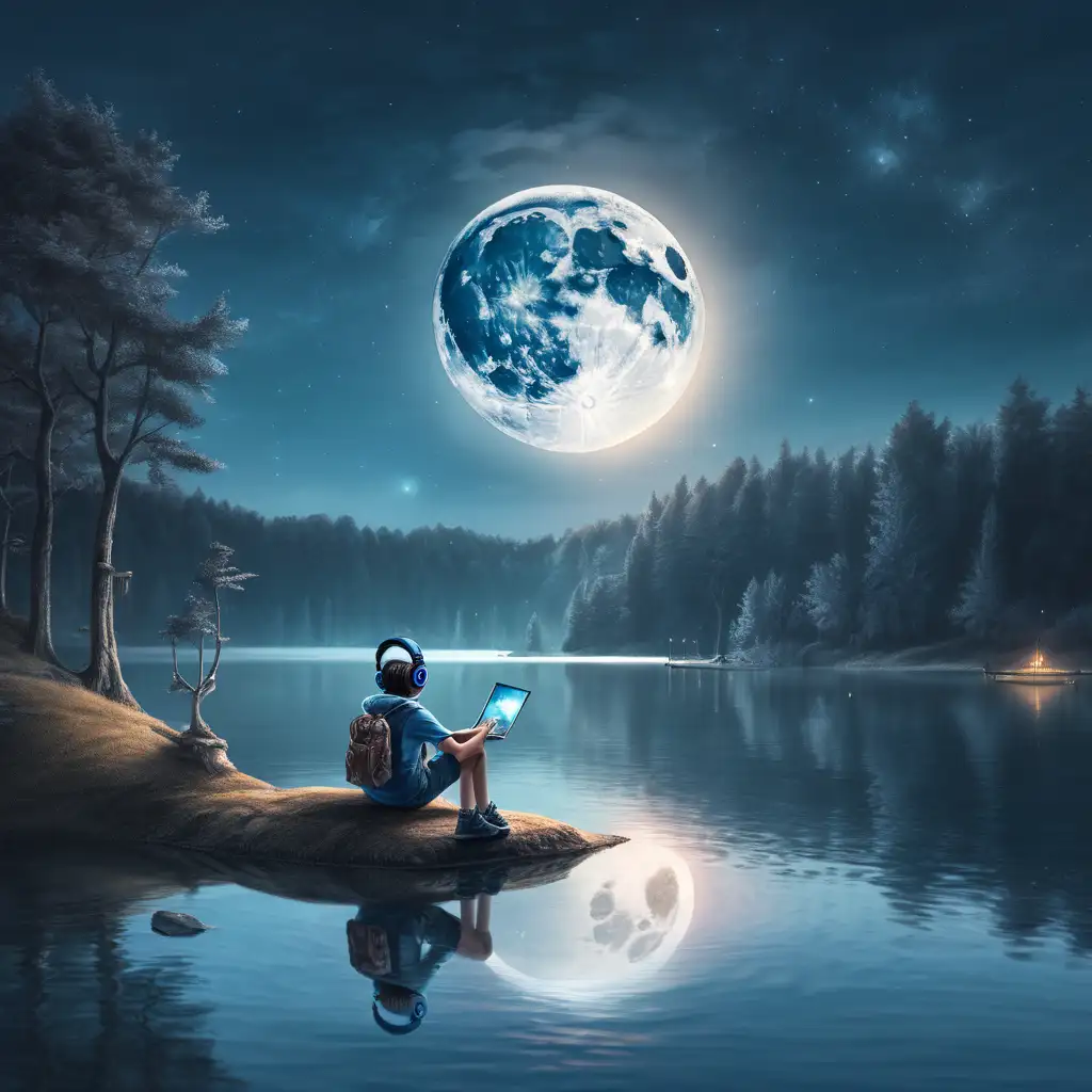 Fantasy Moon Scene Serene Boy Listening to Music by the Lake
