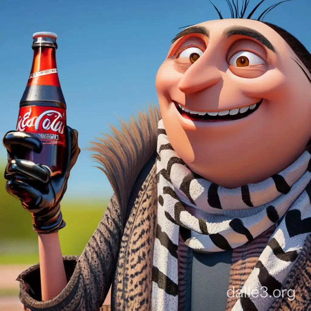 Generate an image of gru from despicable me holding a Coke Zero