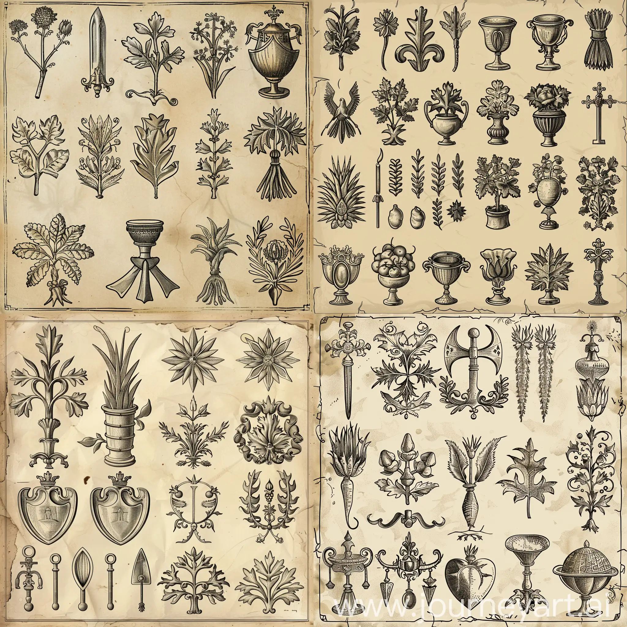set of icons, graphical interface, Middle Ages, vegetal ornamentation, drawing