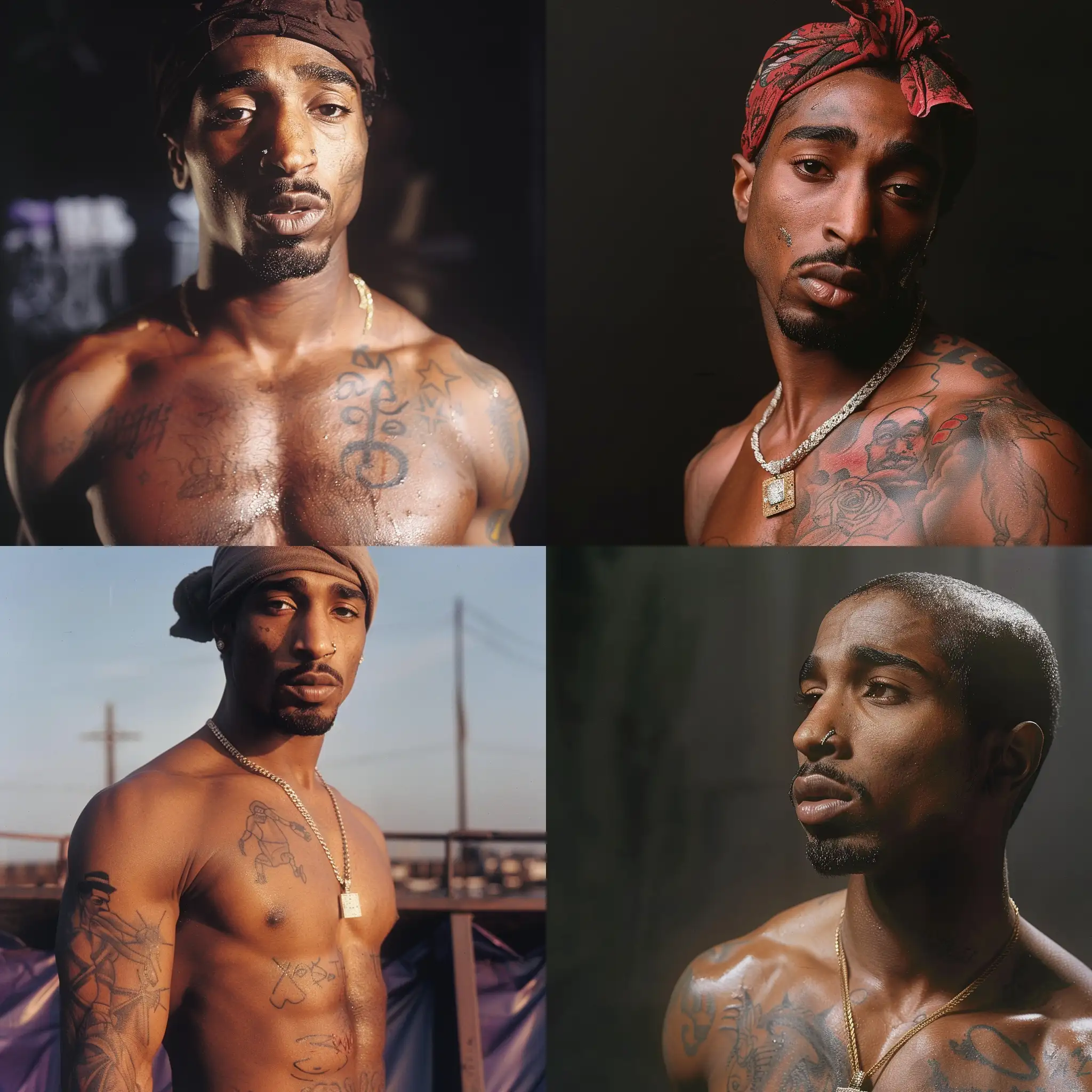 Generate an image of 2pac, the american rap singer, without shirt showing their tattoo
