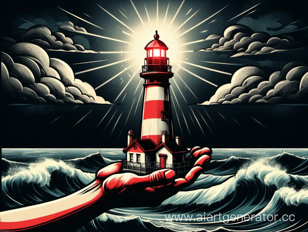 Lighthouse on hand, hand from sea, one lighthouse. camera isometry, isometry, view from corner, view from upper corner, background black, black horizont, red light, hand from sea, sea, cloud, Grunge style, Cel‑shading, hand with five fingers, lighthouse stay on hand, two tone